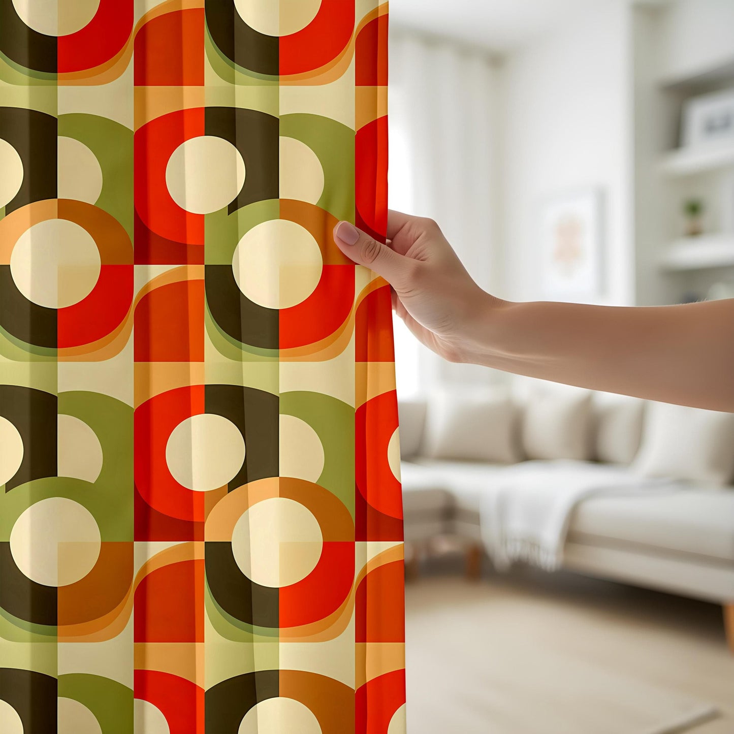 Onay Retro 70's Geometric Printed Curtains, Orange and Green Home Decor