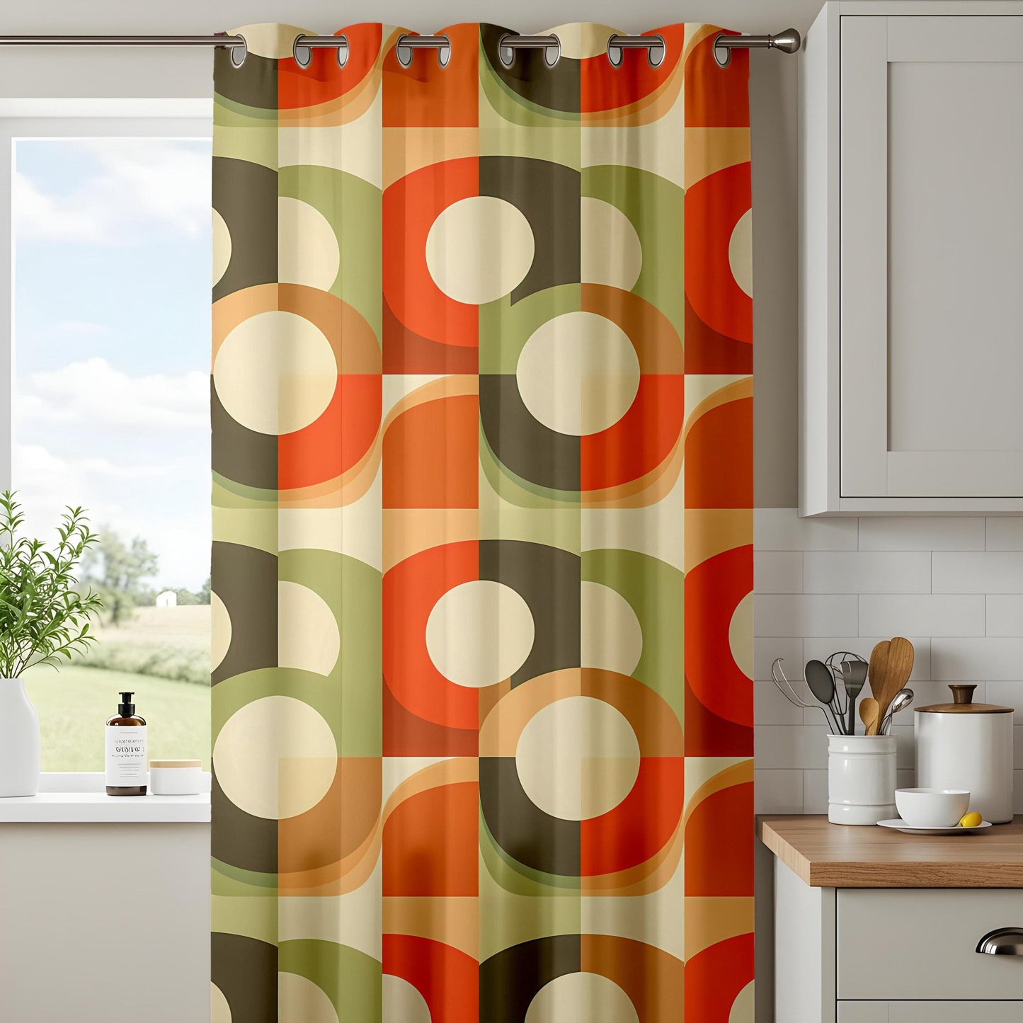 Onay Retro 70's Geometric Printed Curtains, Orange and Green Home Decor