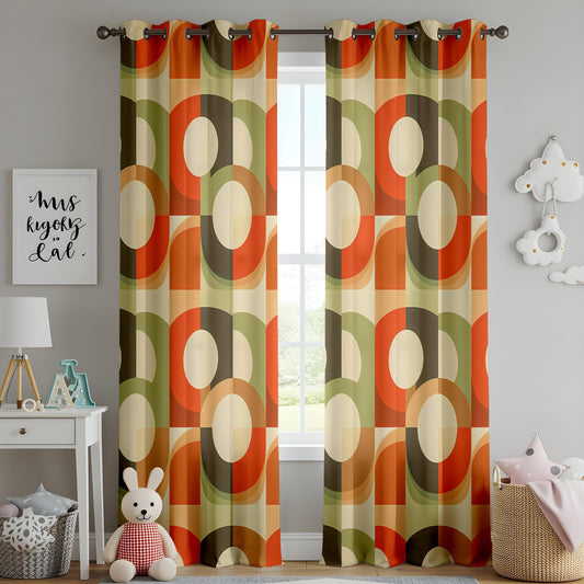 Onay Retro 70's Geometric Printed Curtains, Orange and Green Home Decor