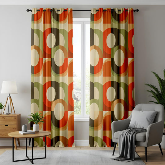 Onay Retro 70's Geometric Printed Curtains, Orange and Green Home Decor
