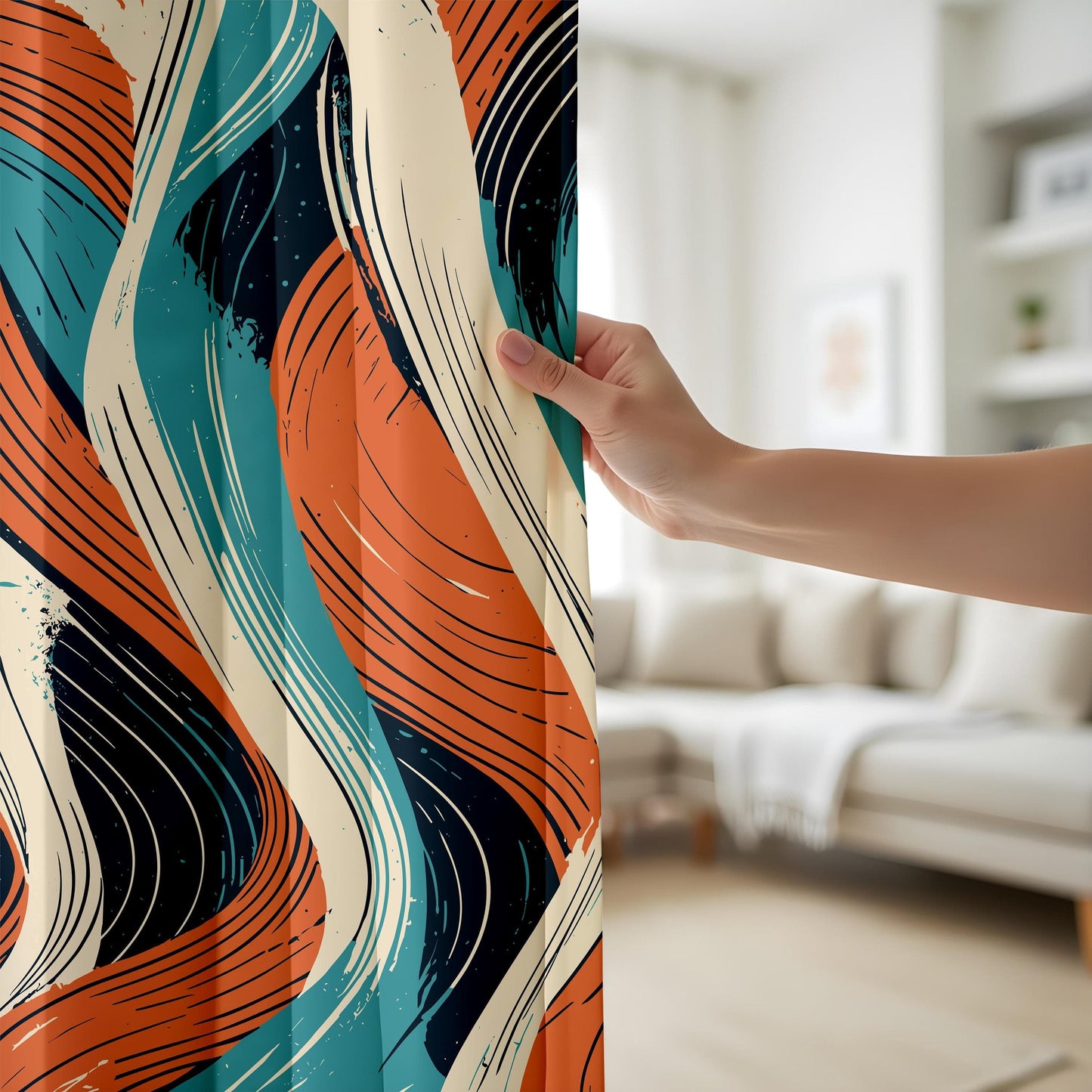 Onay Retro Abstract Wave Curtains, Teal and Orange Brushstroke Drapes