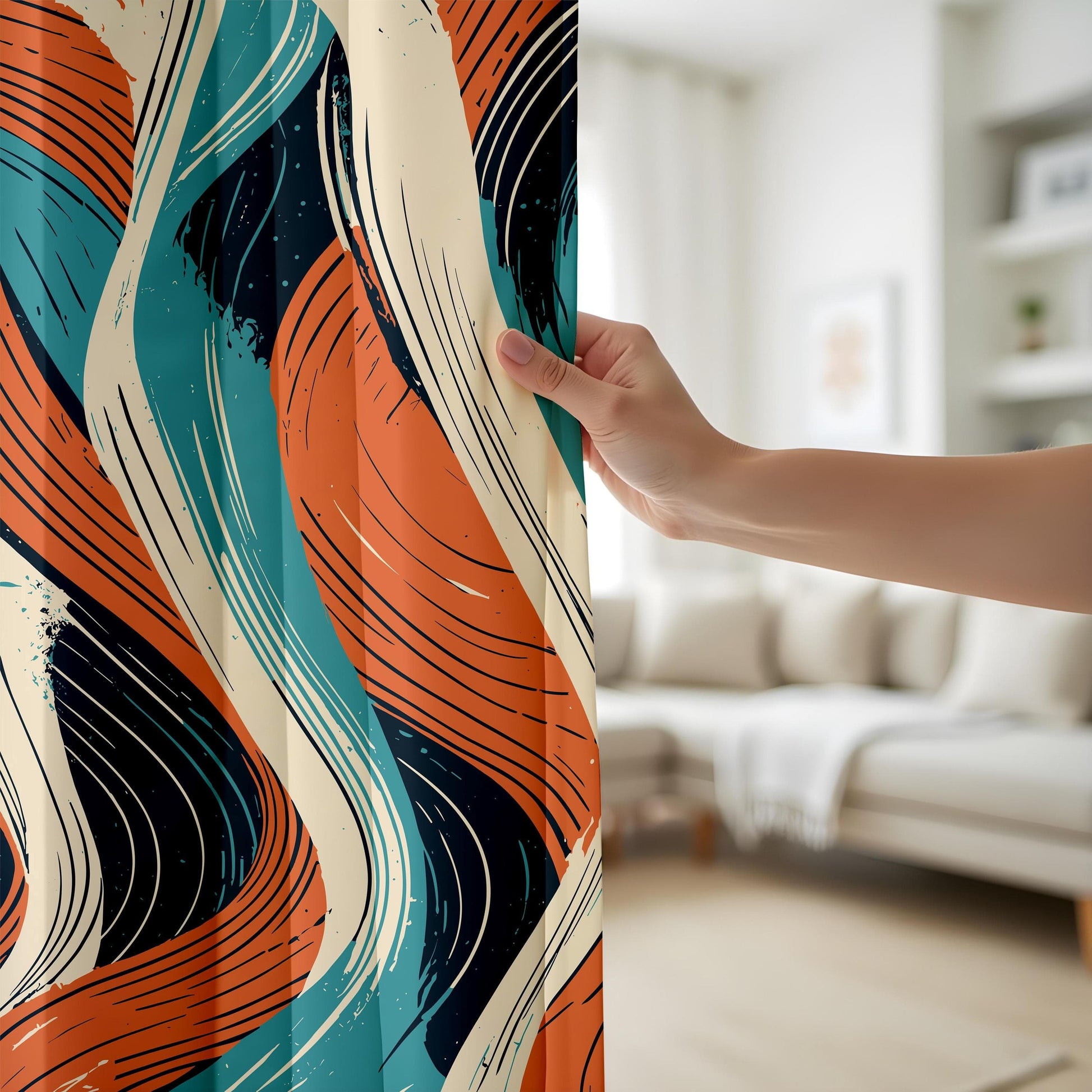 Onay Retro Abstract Wave Curtains, Teal and Orange Brushstroke Drapes
