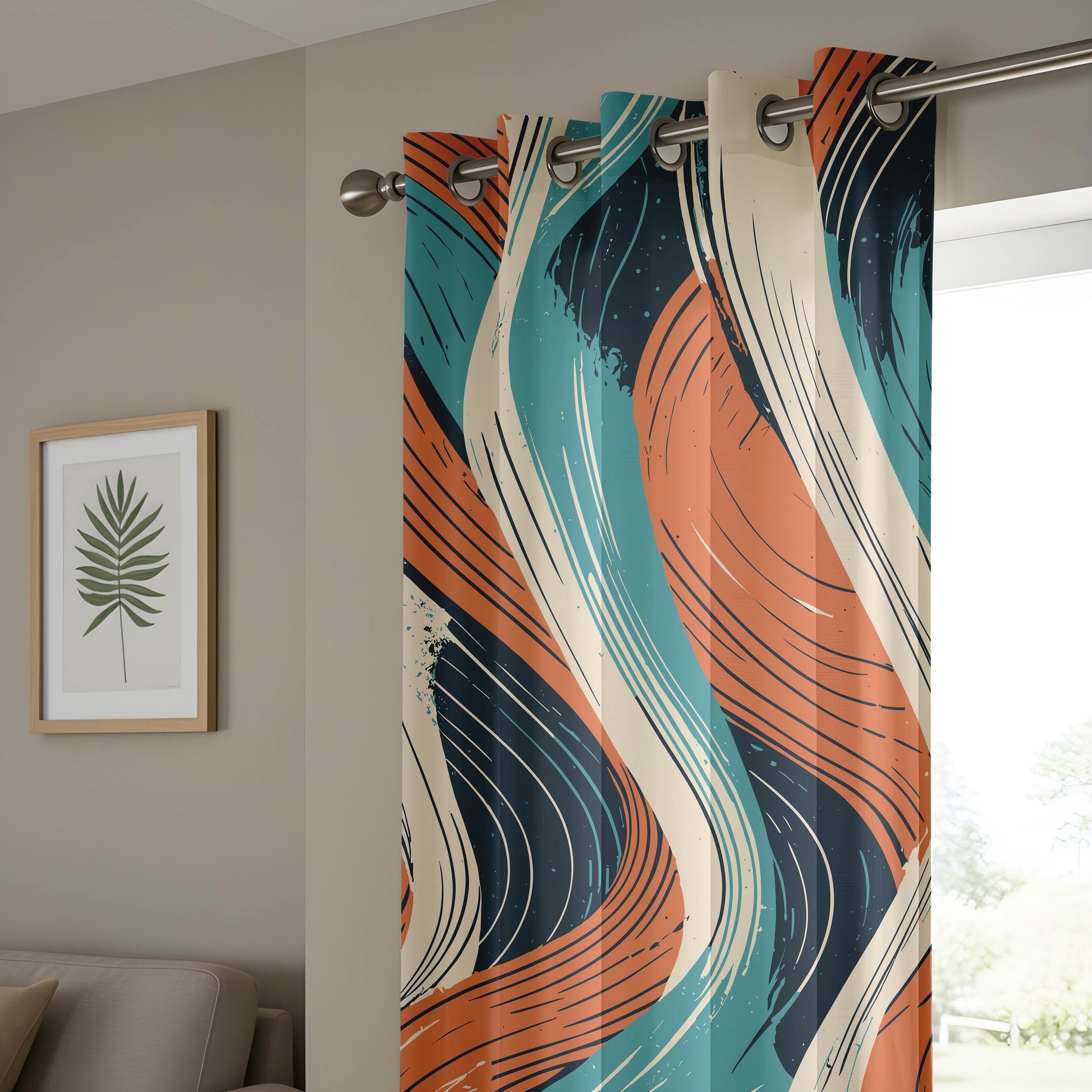 Onay Retro Abstract Wave Curtains, Teal and Orange Brushstroke Drapes