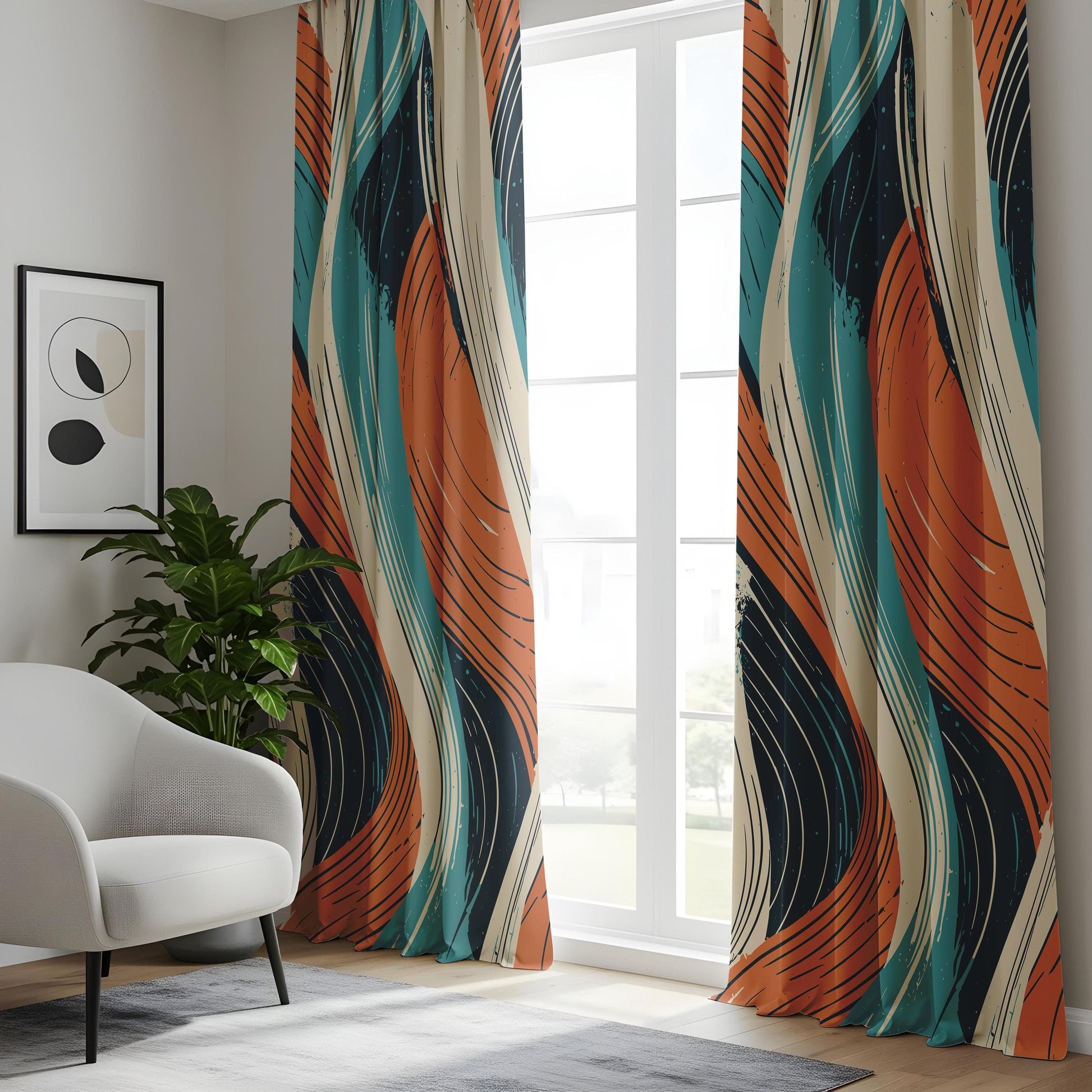 Onay Retro Abstract Wave Curtains, Teal and Orange Brushstroke Drapes