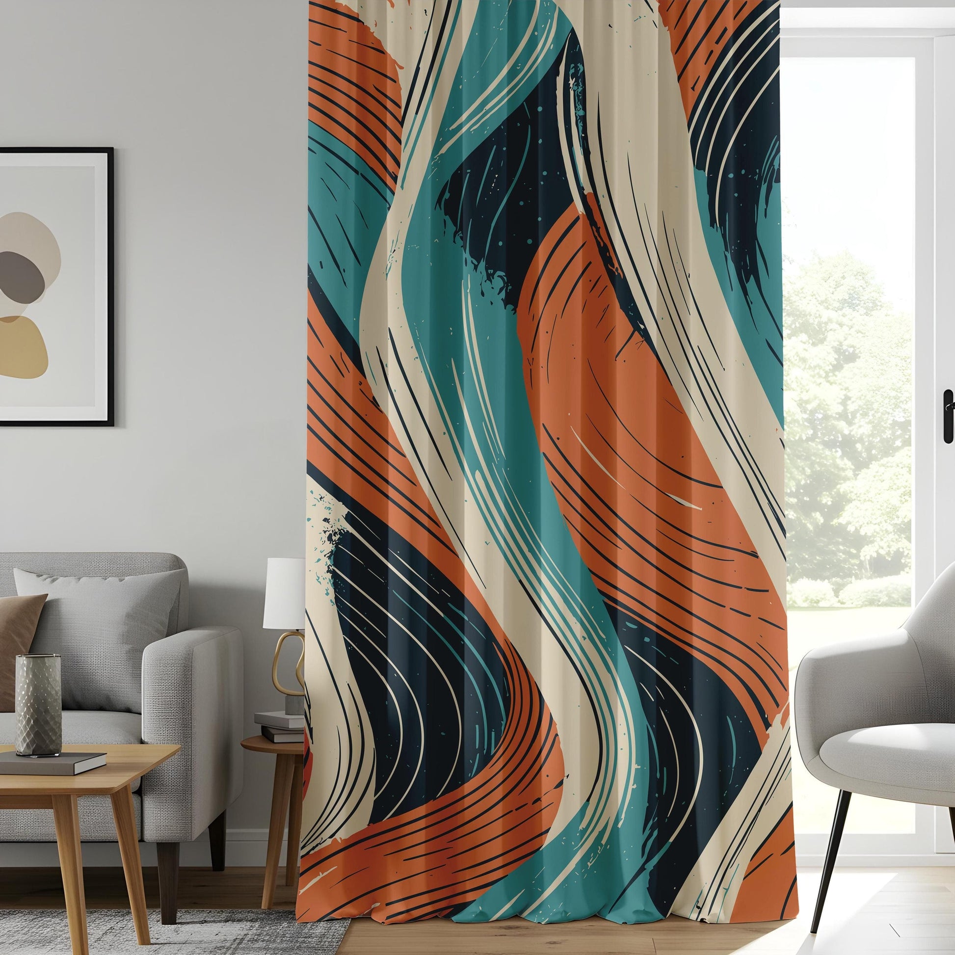 Onay Retro Abstract Wave Curtains, Teal and Orange Brushstroke Drapes