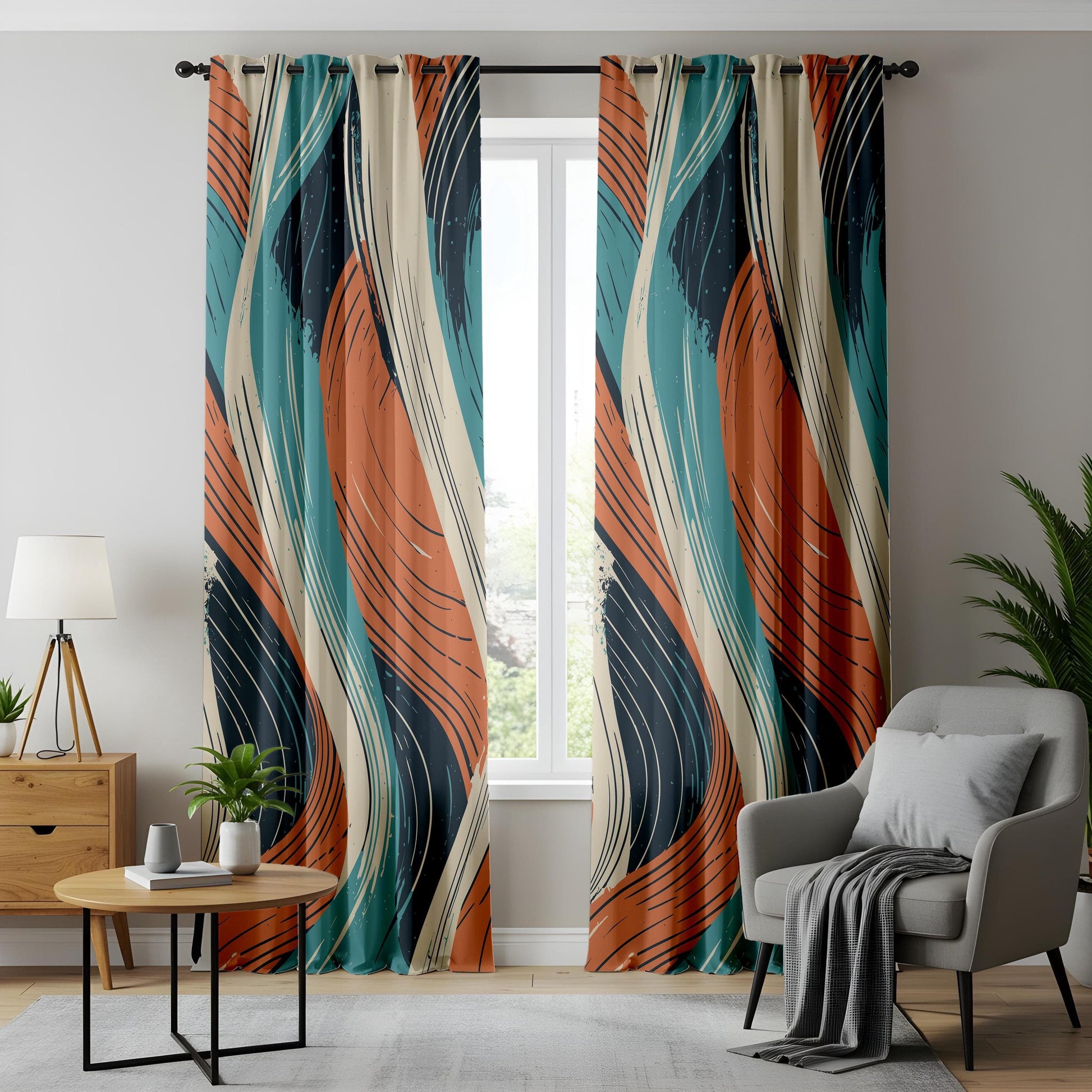 Onay Retro Abstract Wave Curtains, Teal and Orange Brushstroke Drapes