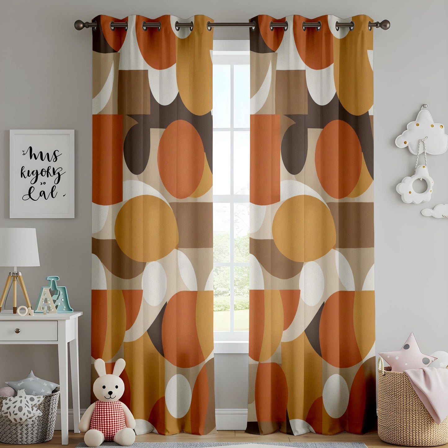Onay Retro Circle Print Curtains Modern Geometric Patterned Drapes