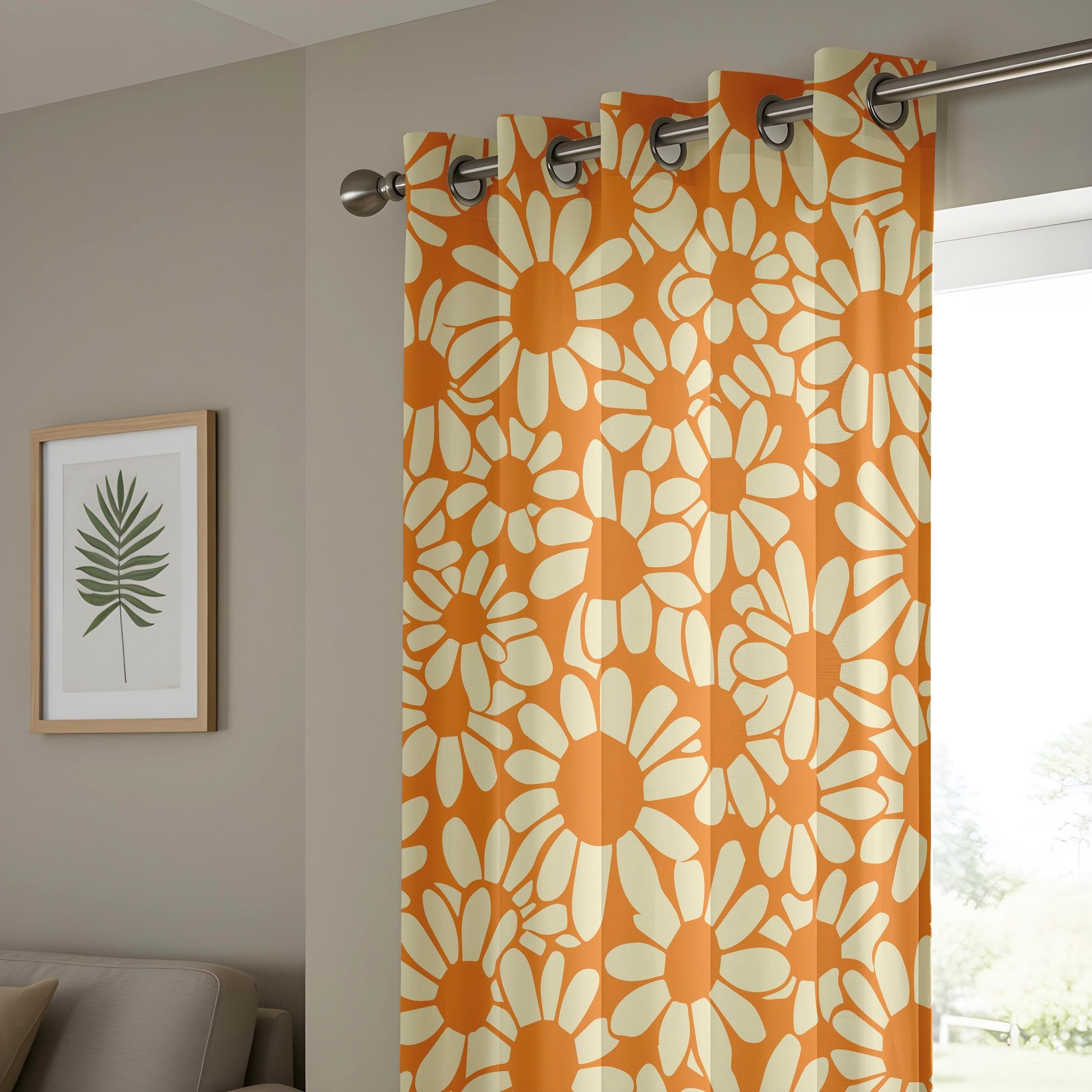 Onay Retro Daisy Print Curtains, Bold Orange Floral Drapes, 70s Vintage