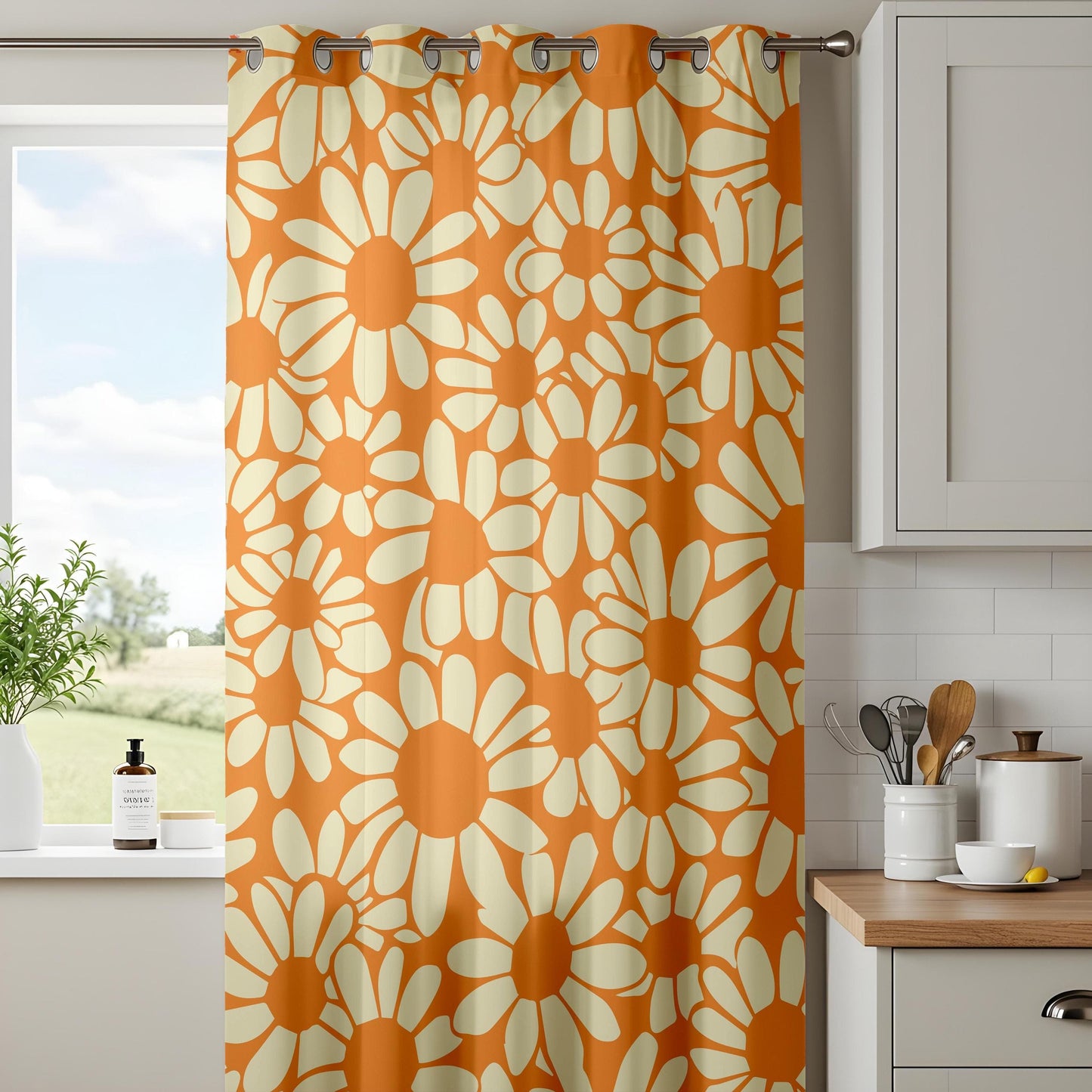 Onay Retro Daisy Print Curtains, Bold Orange Floral Drapes, 70s Vintage