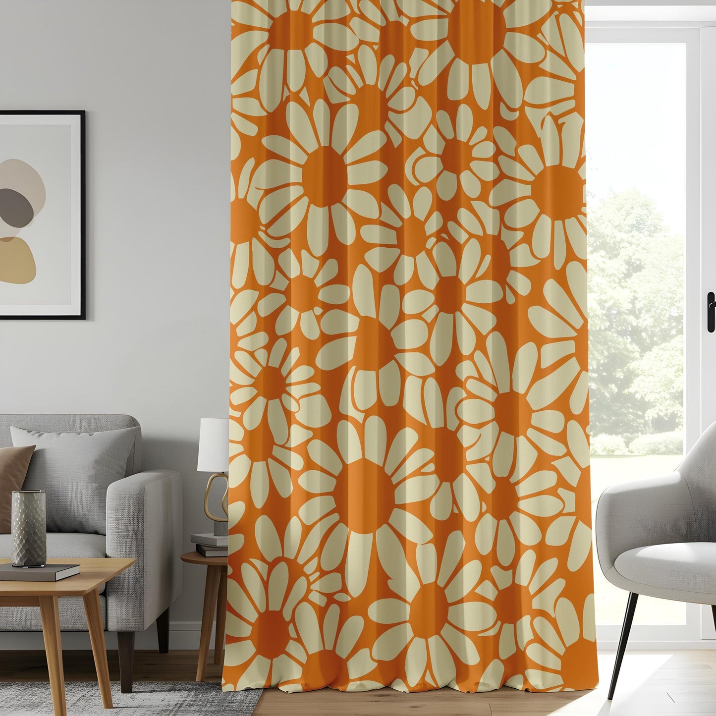 Onay Retro Daisy Print Curtains, Bold Orange Floral Drapes, 70s Vintage