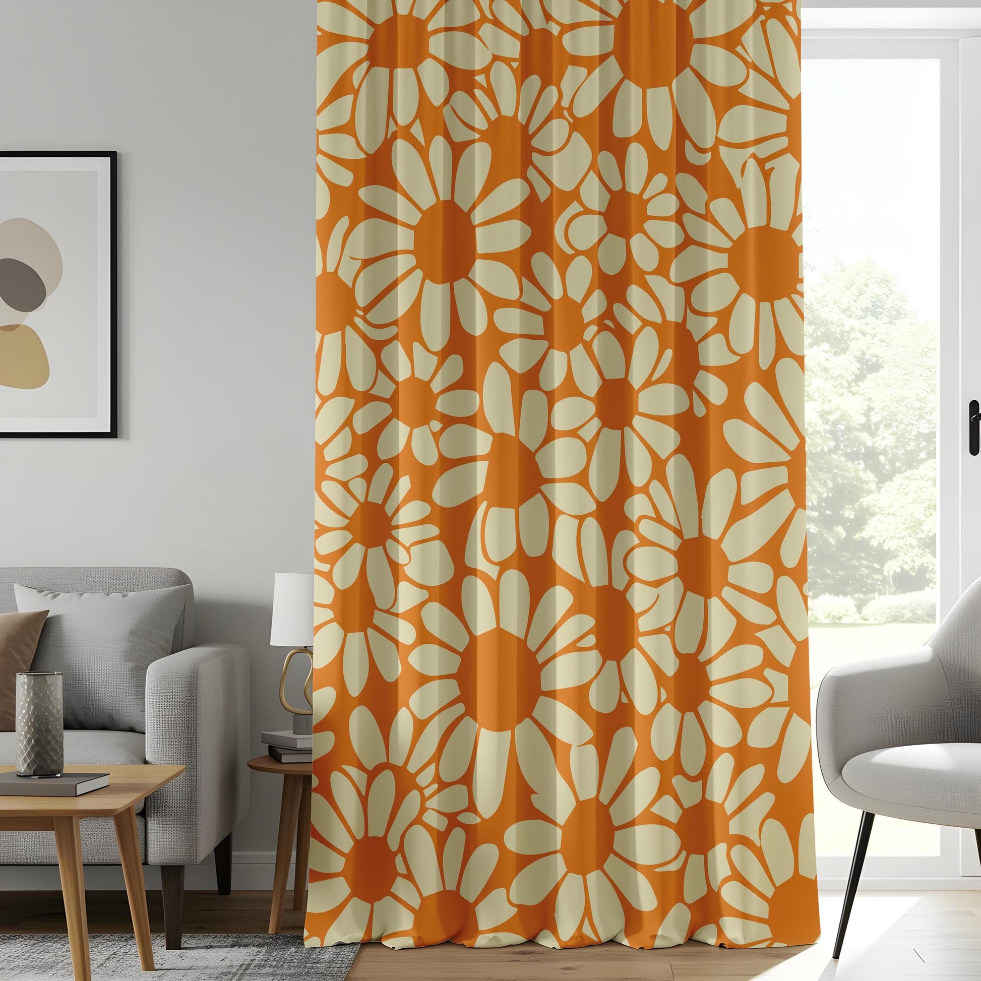 Onay Retro Daisy Print Curtains, Bold Orange Floral Drapes, 70s Vintage