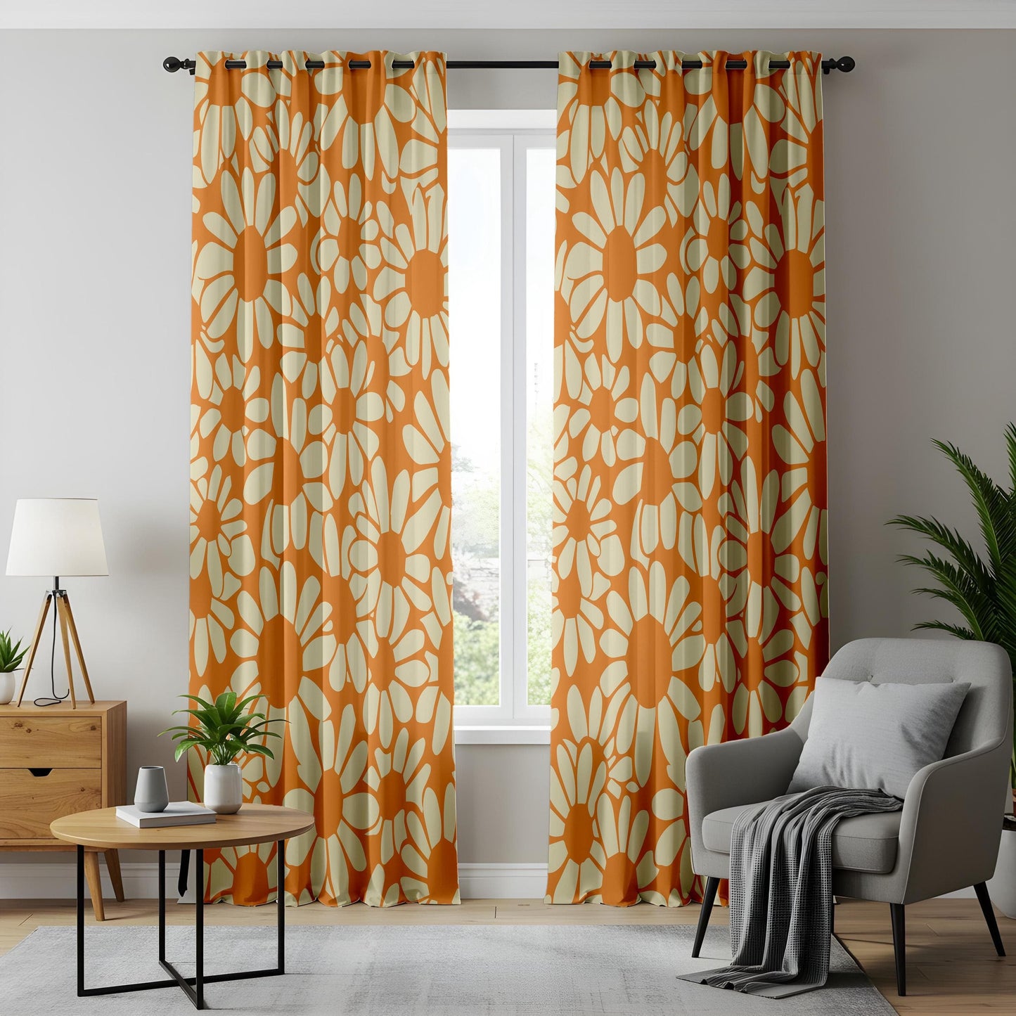 Onay Retro Daisy Print Curtains, Bold Orange Floral Drapes, 70s Vintage