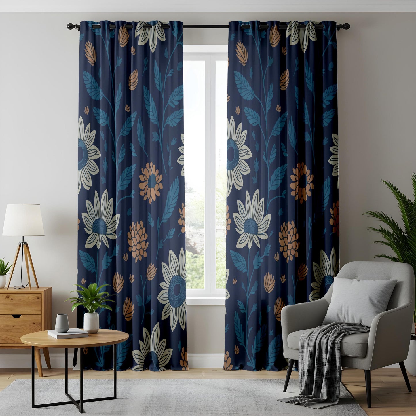 Onay Retro Floral Curtains, Bohemian Blue and Purple Flower Patterned Home Drapes