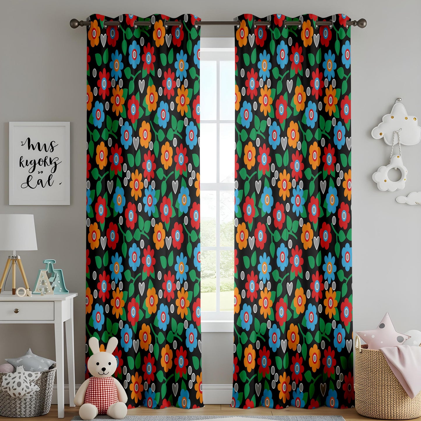 Onay Retro Floral Curtains – Colorful Bohemian Drapes with Vintage Folk Art on Black Background