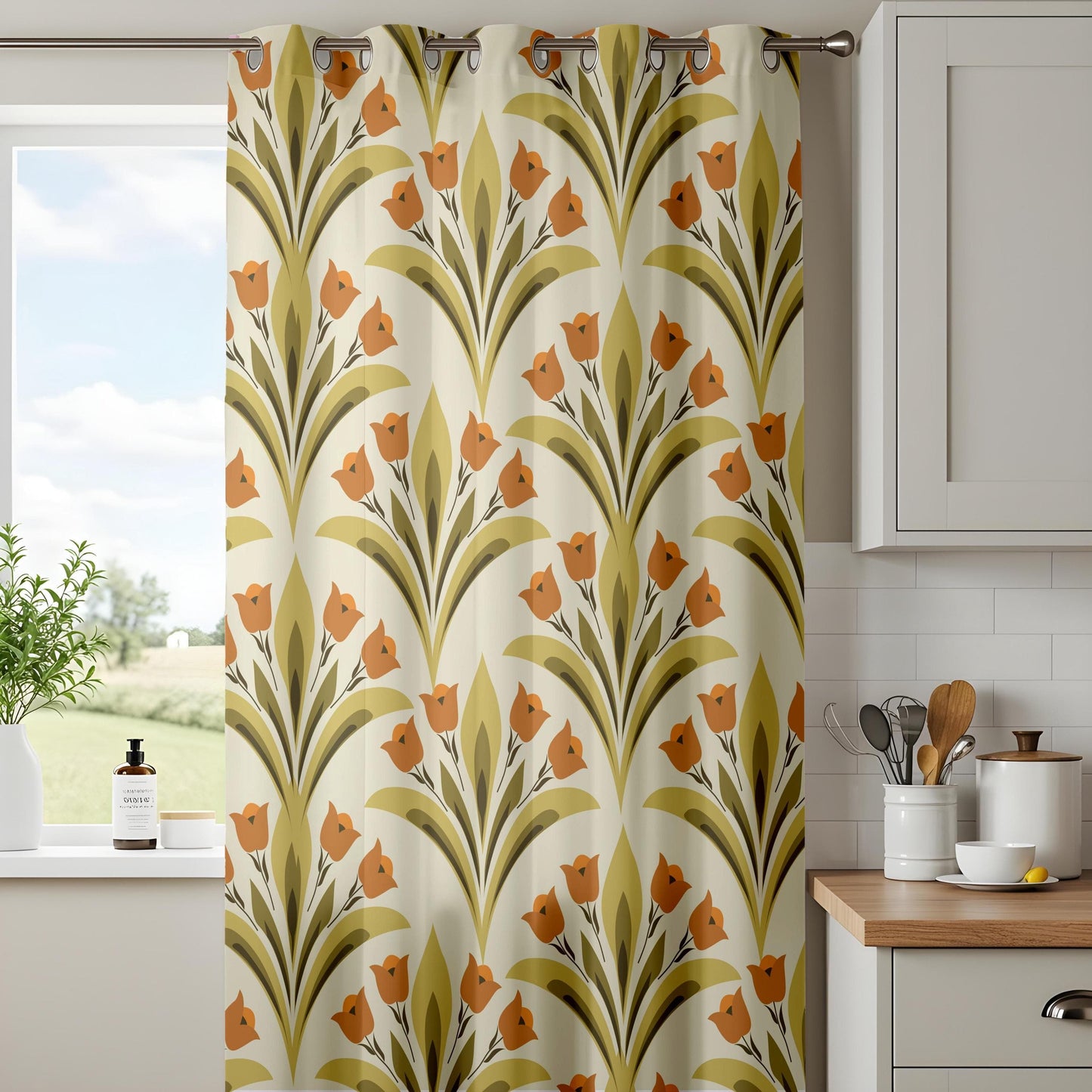 Onay Retro Floral Living Room Curtains, Mid Century Tulip Pattern