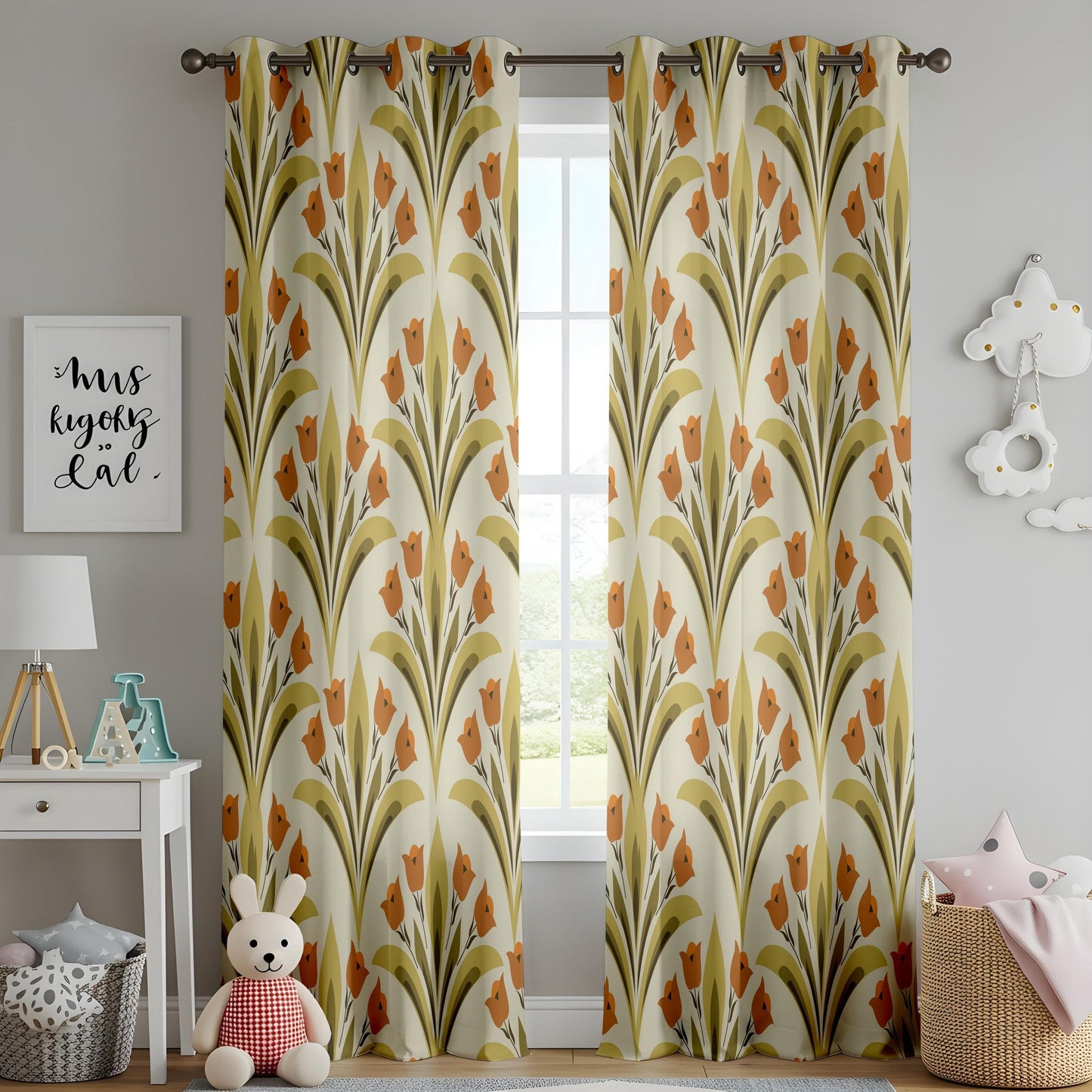 Onay Retro Floral Living Room Curtains, Mid Century Tulip Pattern