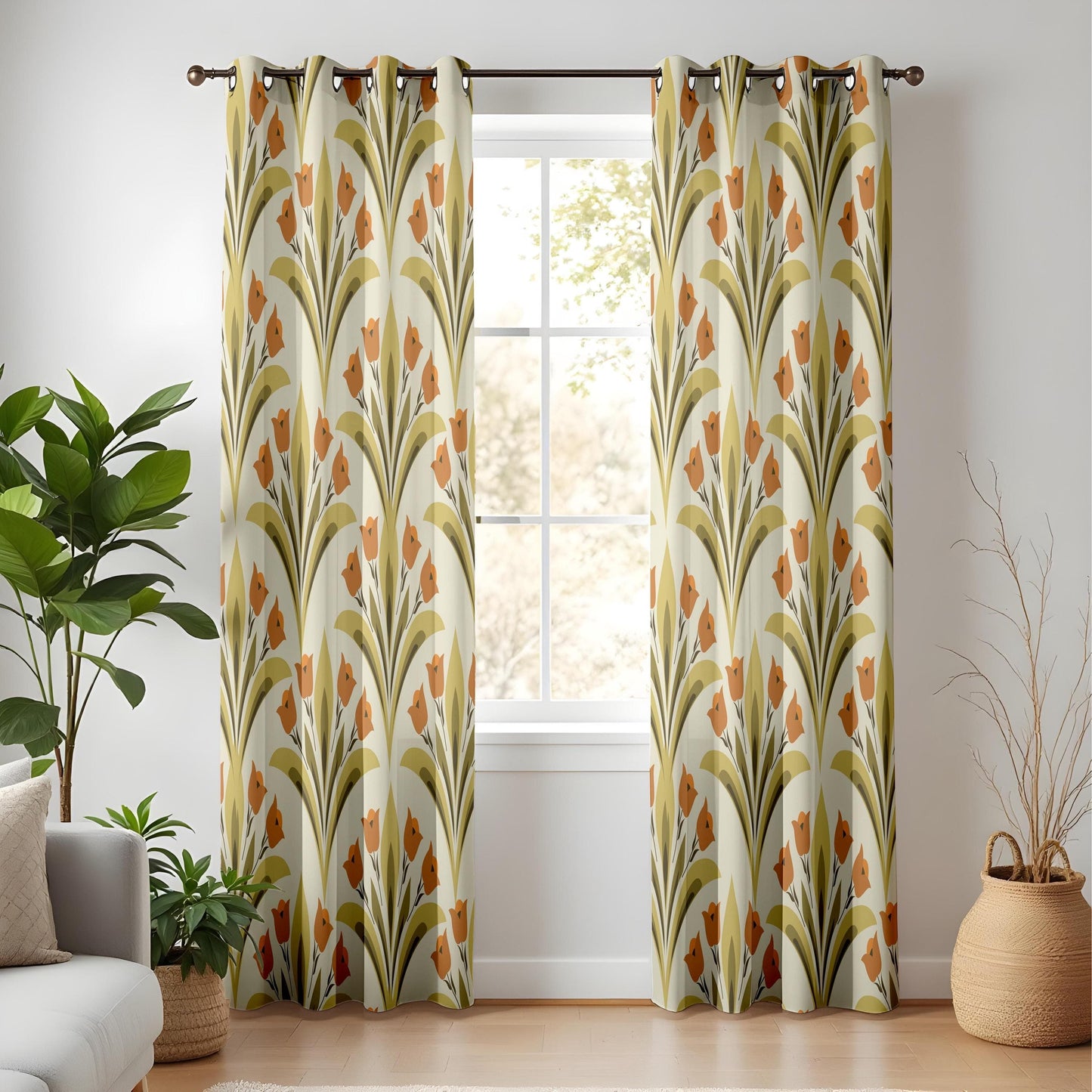 Onay Retro Floral Living Room Curtains, Mid Century Tulip Pattern