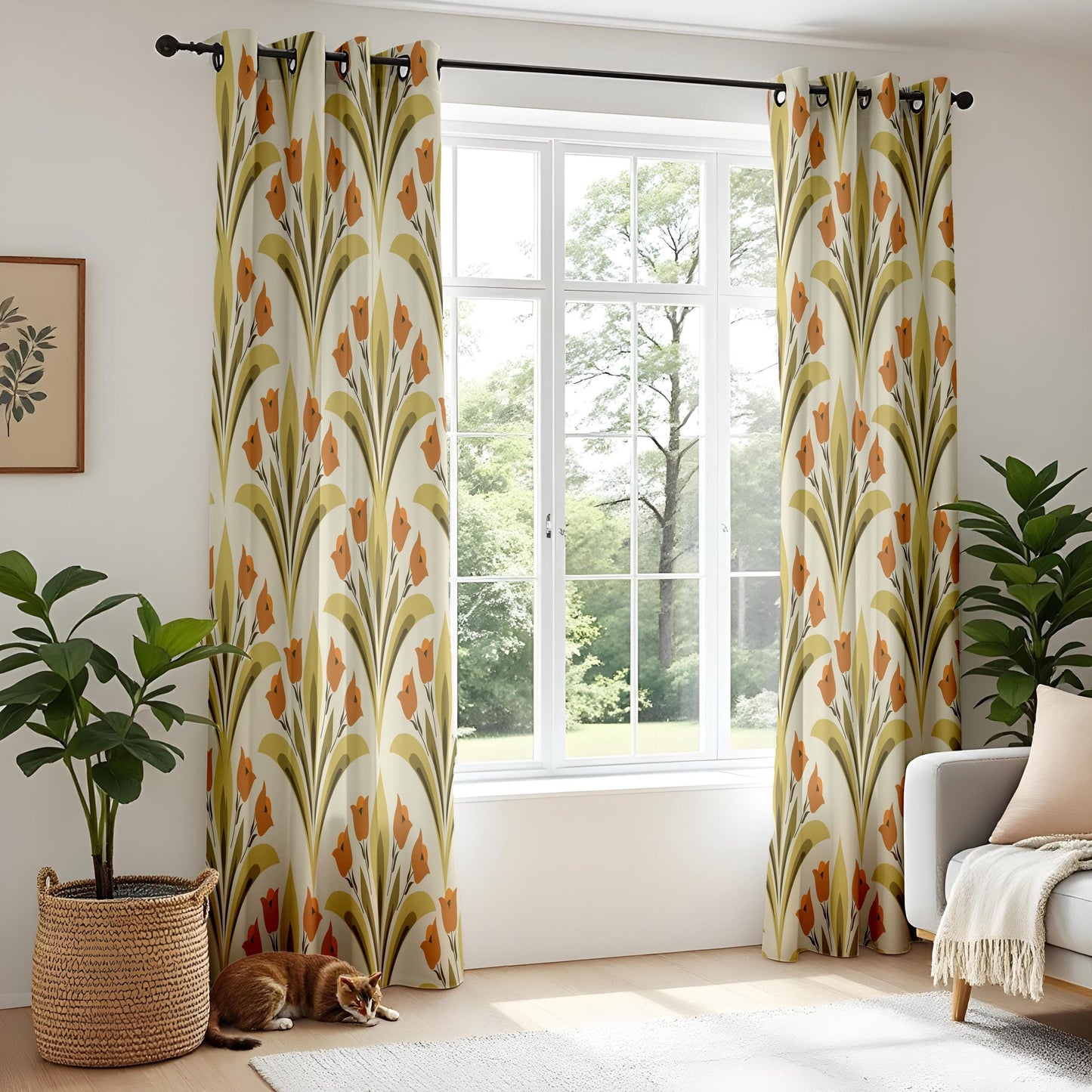 Onay Retro Floral Living Room Curtains, Mid Century Tulip Pattern