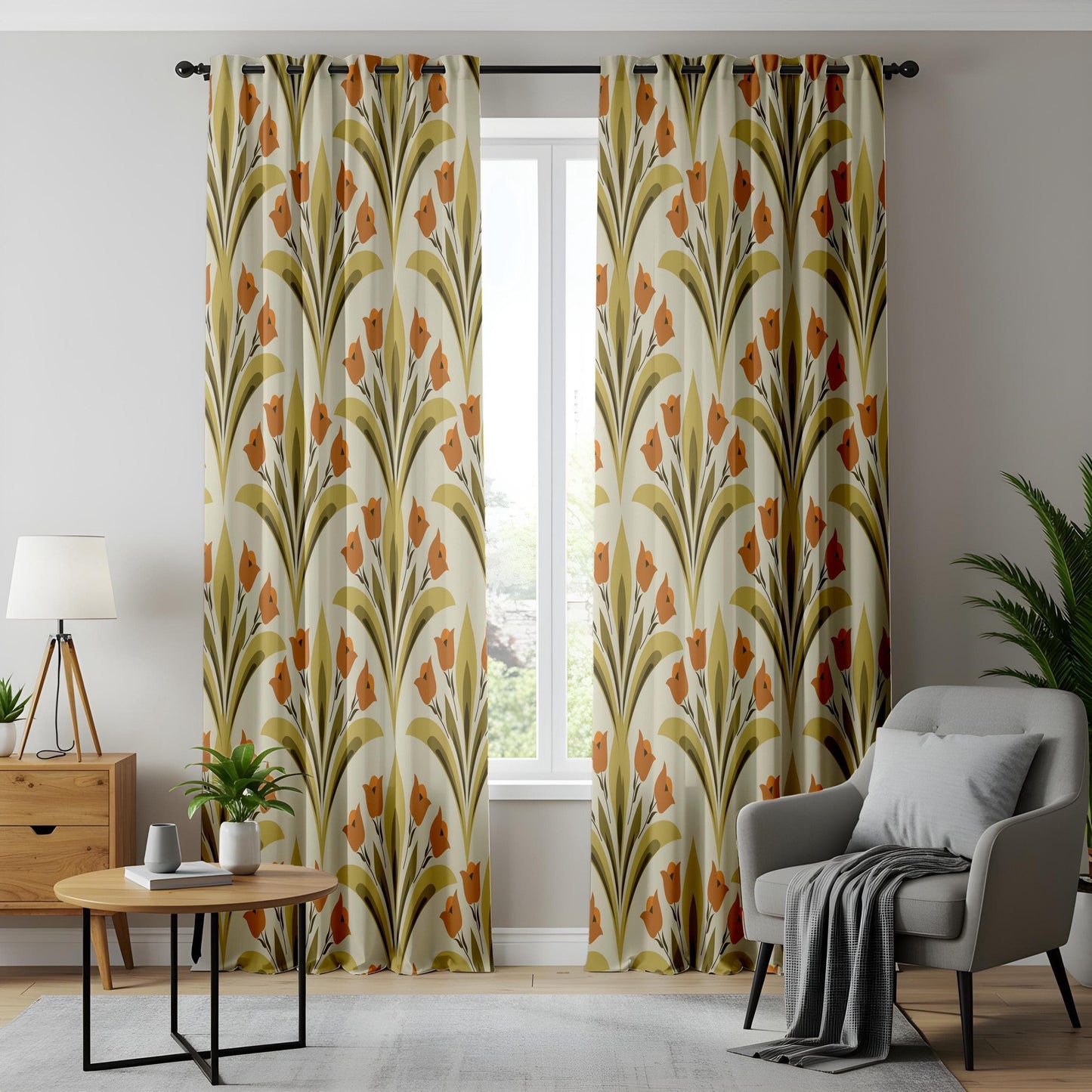 Onay Retro Floral Living Room Curtains, Mid Century Tulip Pattern