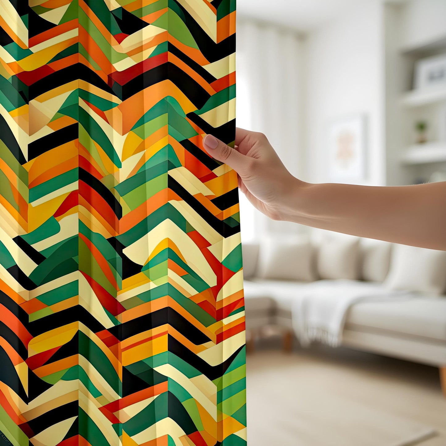 Onay Retro Geometric Curtains for Living Room, Colorful Abstract Drapes