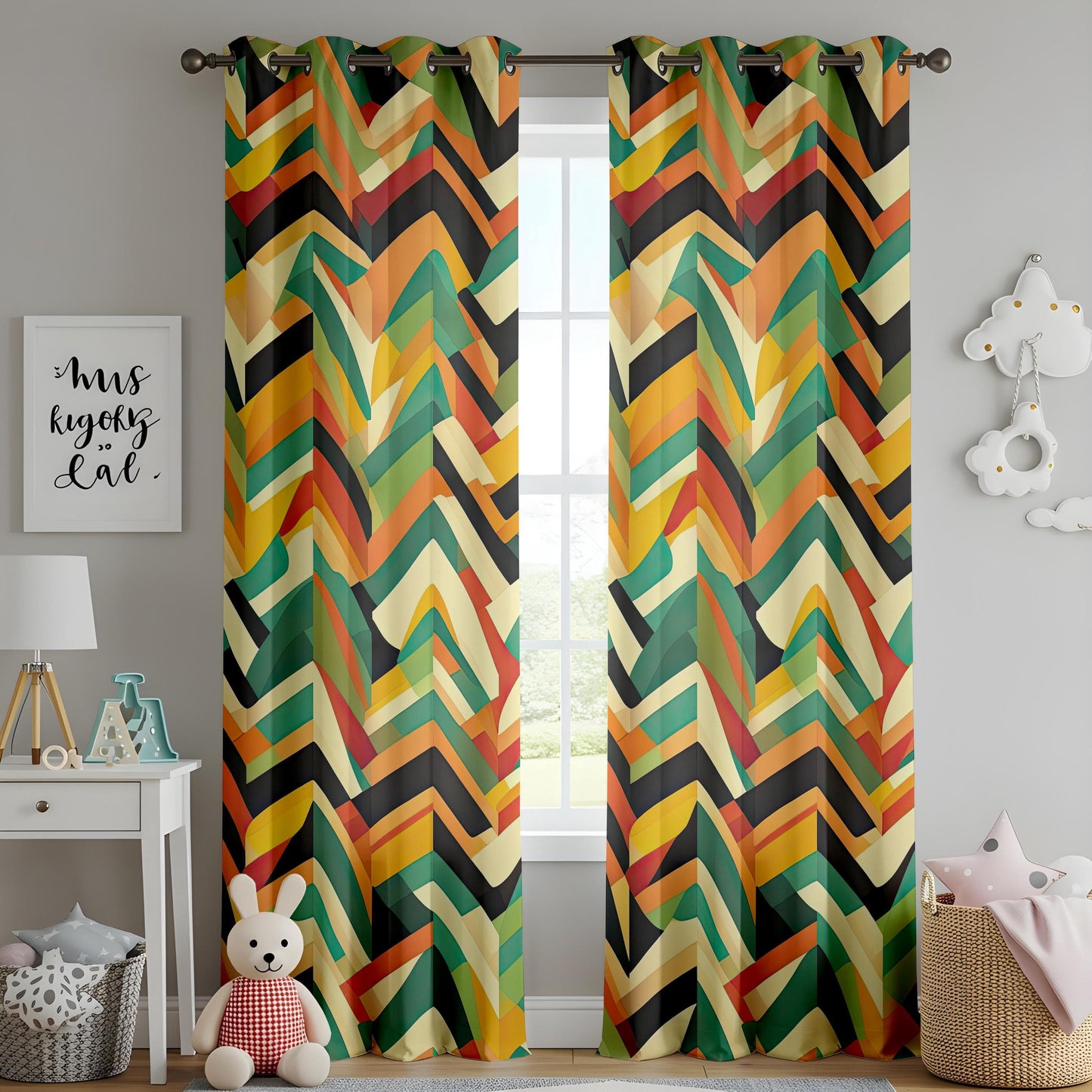 Onay Retro Geometric Curtains for Living Room, Colorful Abstract Drapes
