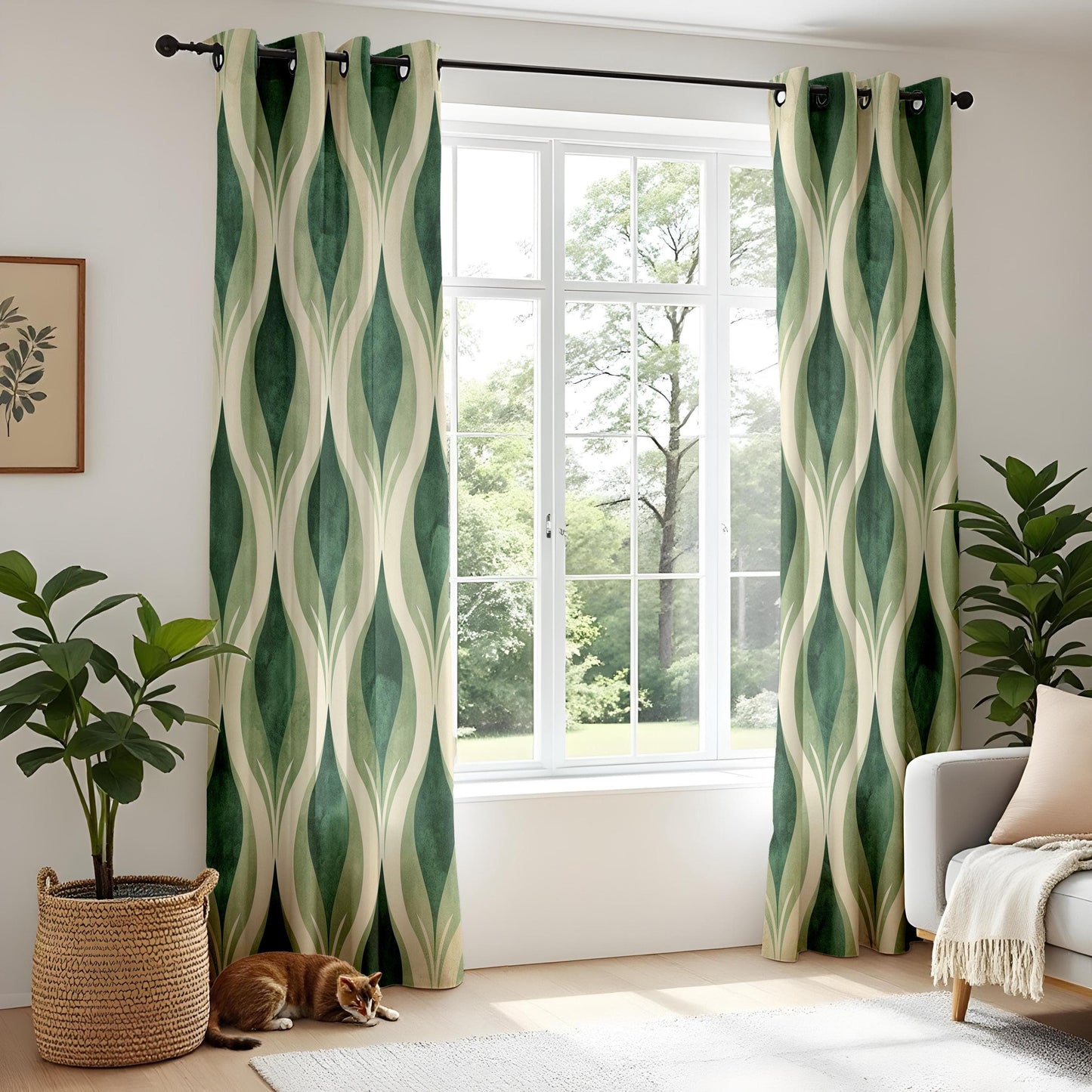 Onay Retro Green Geometric Curtains, Vintage Mid-Century Modern Window Drapes