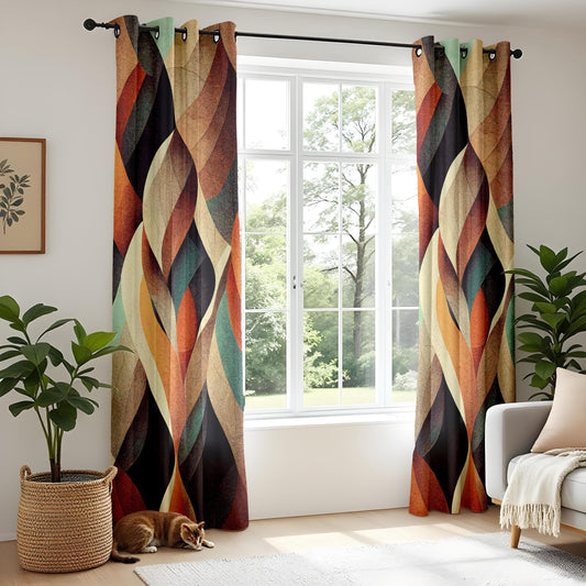 Onay Retro Leaf Curtains – Mid-Century Abstract Pattern Drapes in Warm Earth Tones