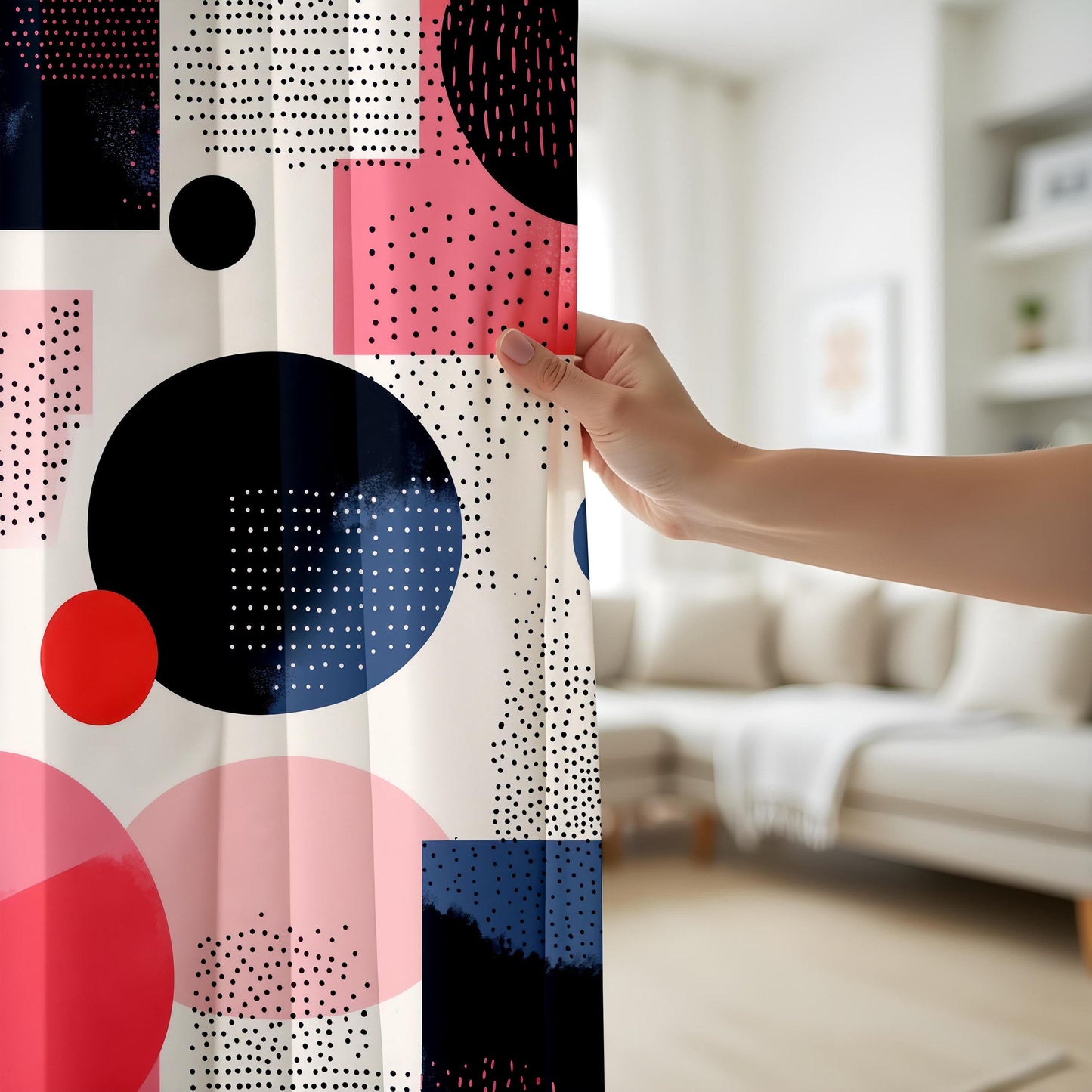 Onay Retro Polka Dot Window Curtains, Coral Blue Geometric Panels