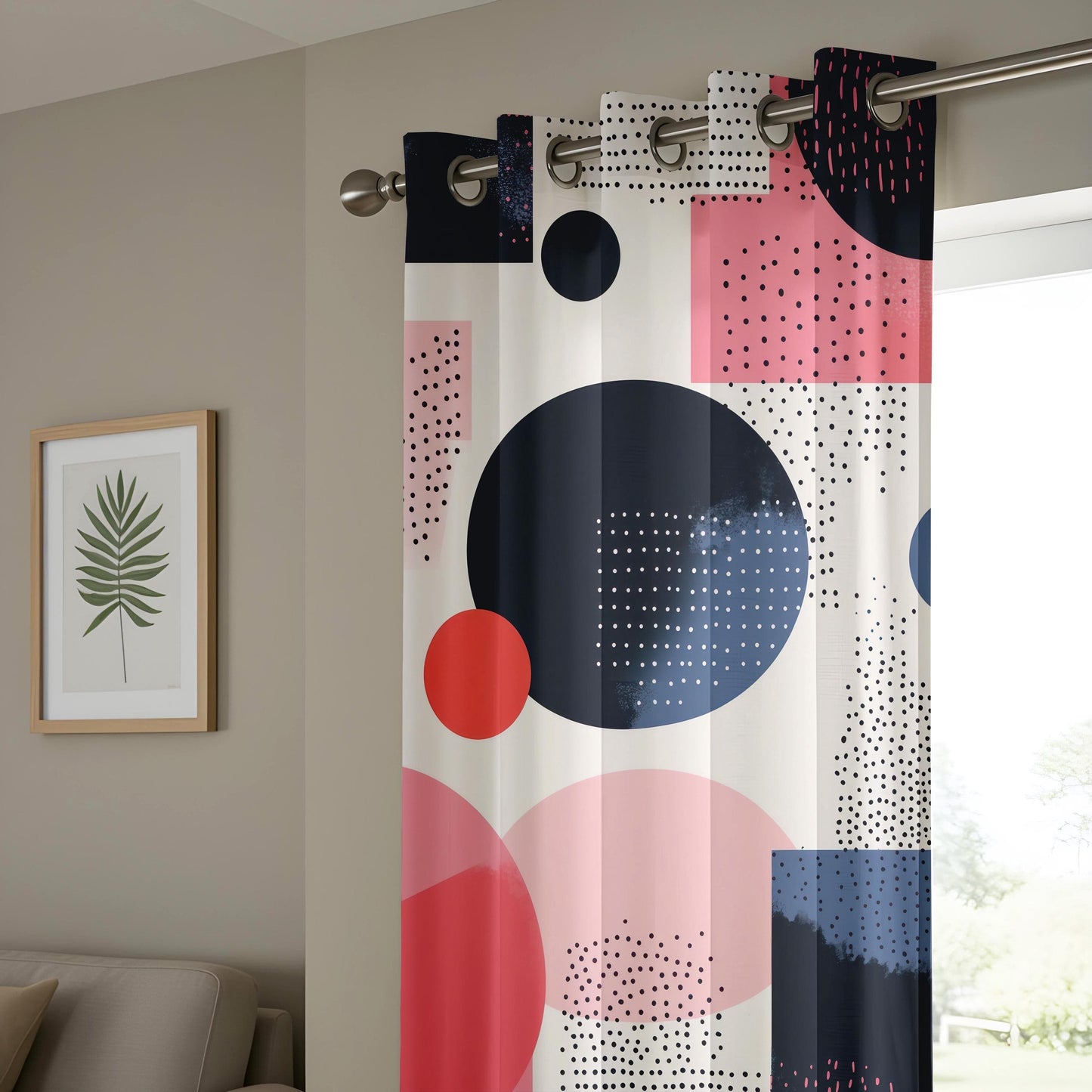 Onay Retro Polka Dot Window Curtains, Coral Blue Geometric Panels