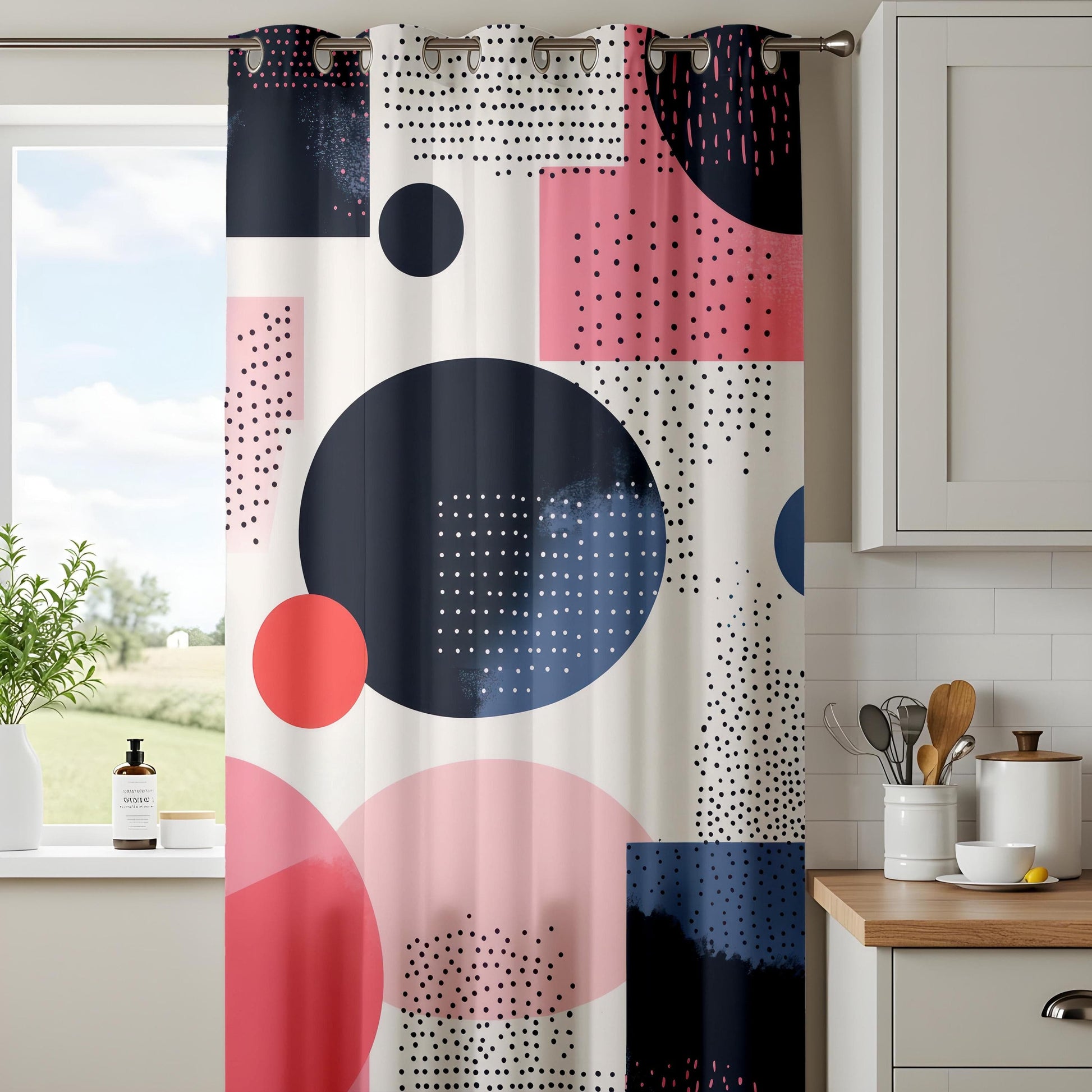 Onay Retro Polka Dot Window Curtains, Coral Blue Geometric Panels