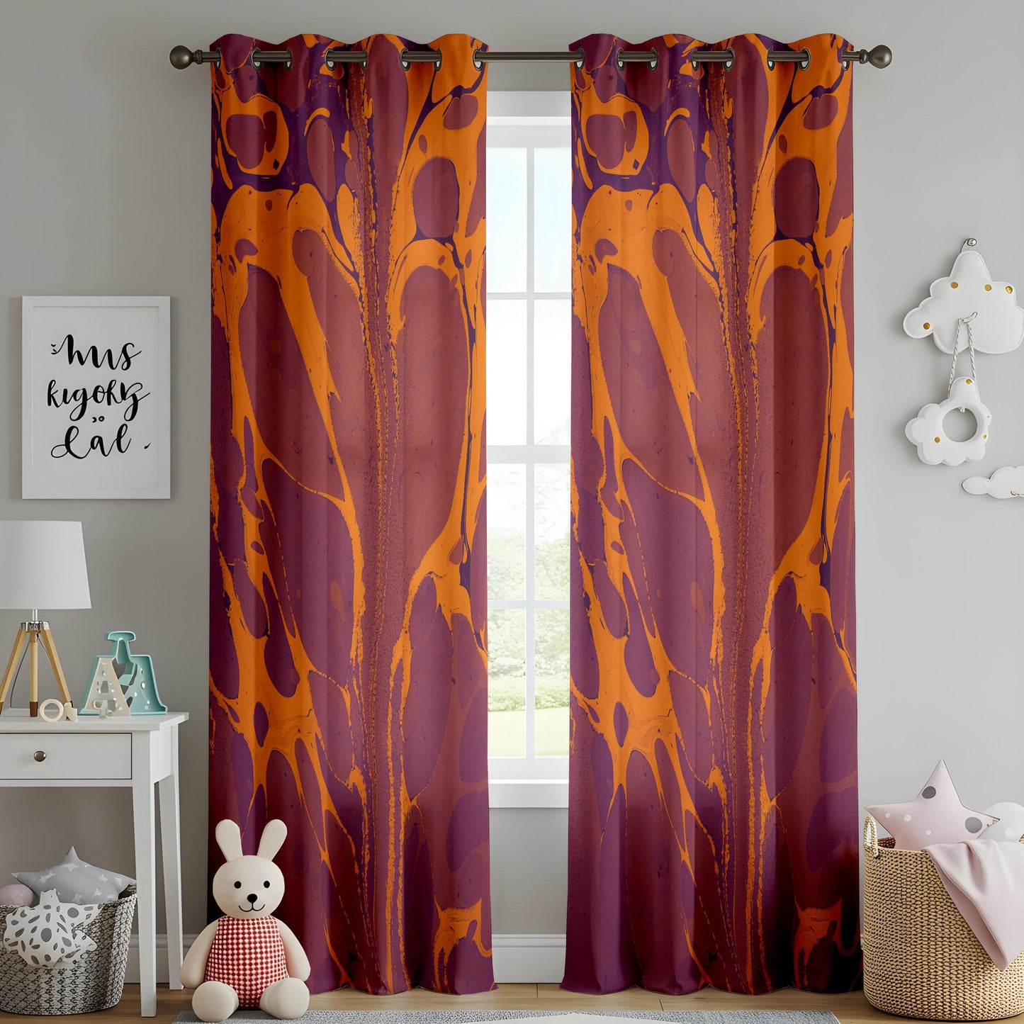 Onay Retro Splash Print Curtains for Living Room, Orange and Plum Art Curtains