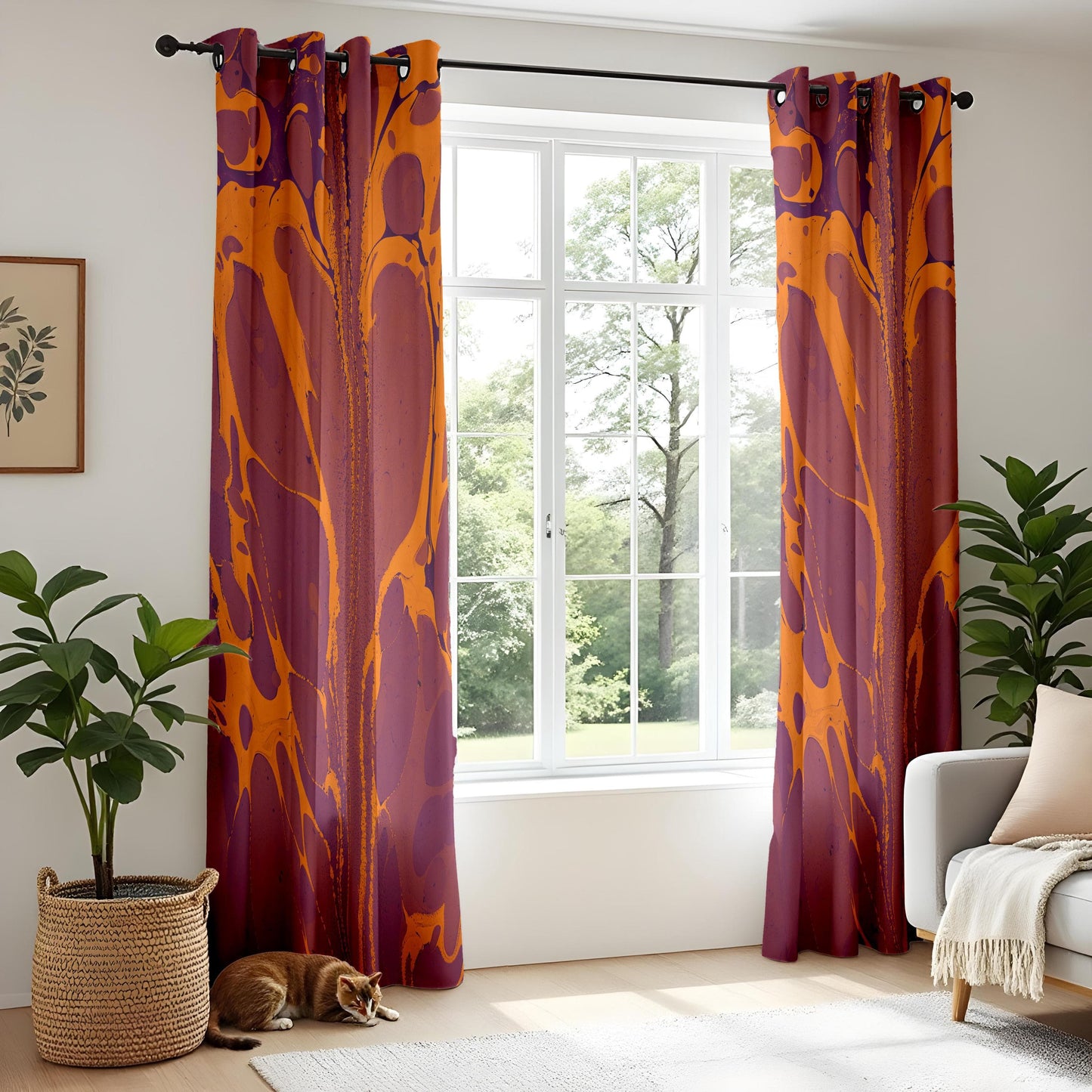 Onay Retro Splash Print Curtains for Living Room, Orange and Plum Art Curtains