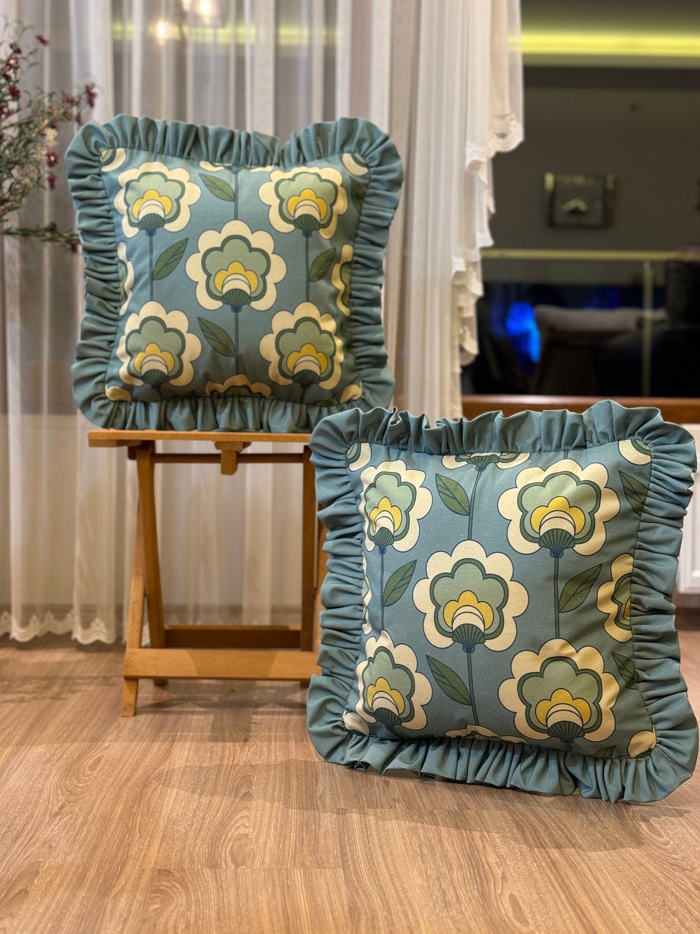 Onay Home Textile Cushion Covers Retro Vintage Frill Cushion Cover Green Ruffled Pillow Cover