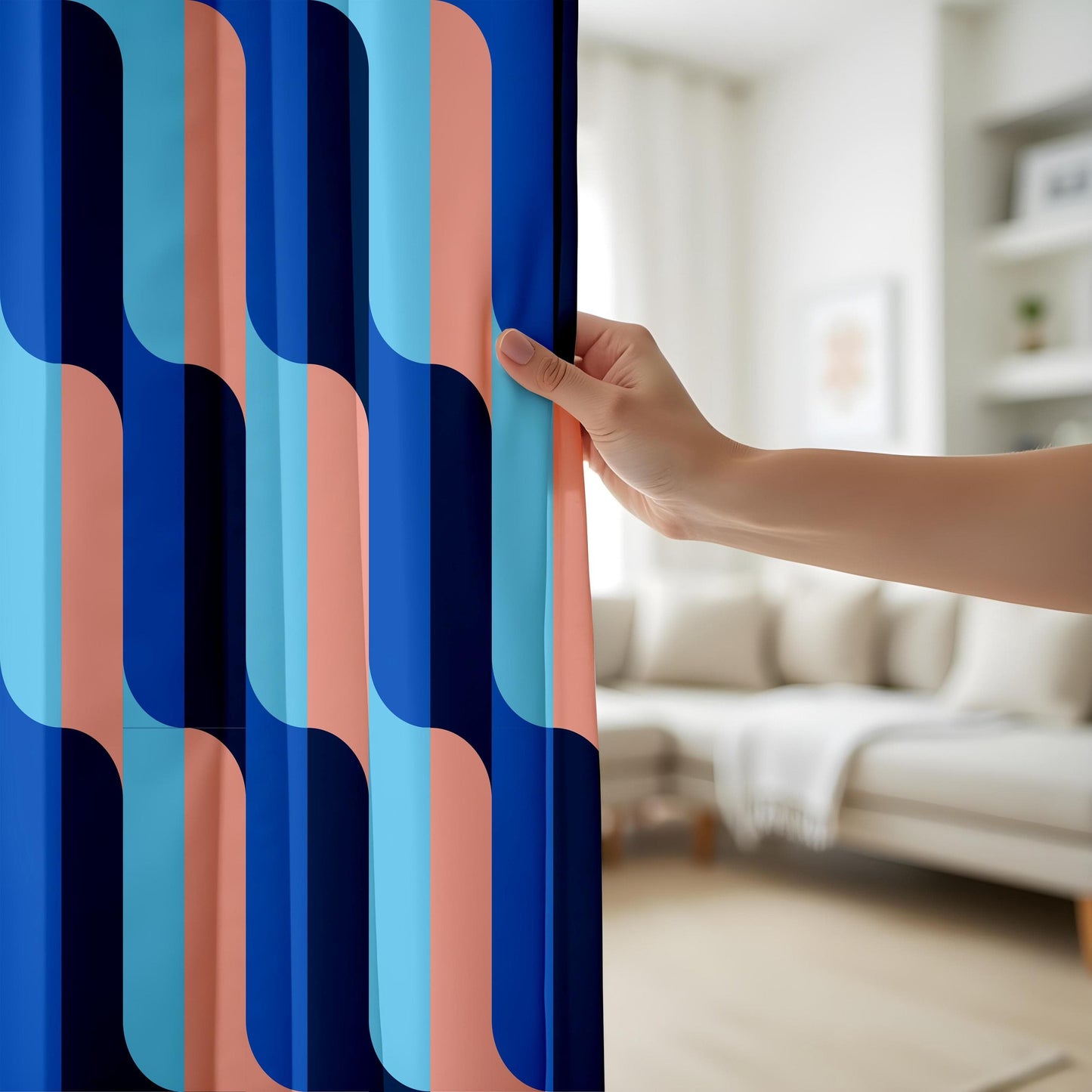 Onay Retro Wave Curtains Bold Blue and Pink Geometric Drapes for Eclectic Interiors