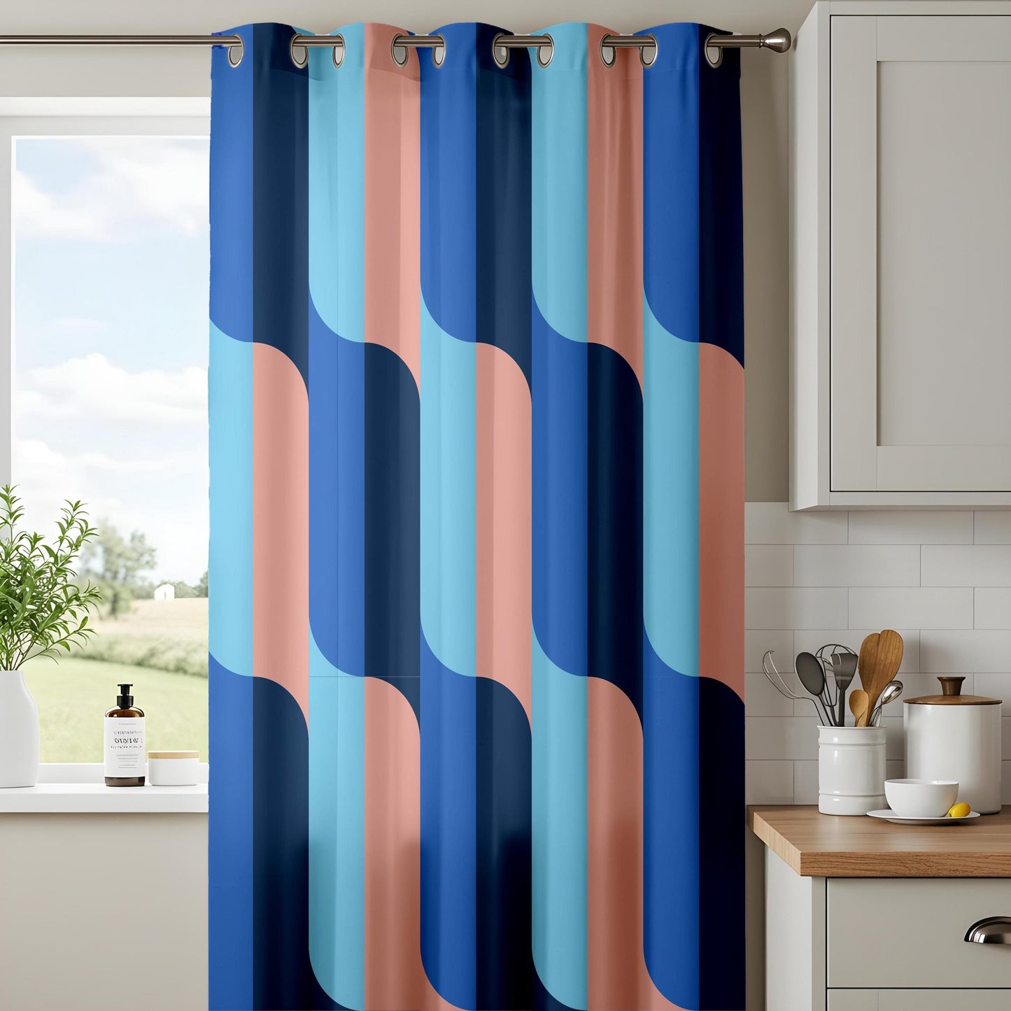 Onay Retro Wave Curtains Bold Blue and Pink Geometric Drapes for Eclectic Interiors