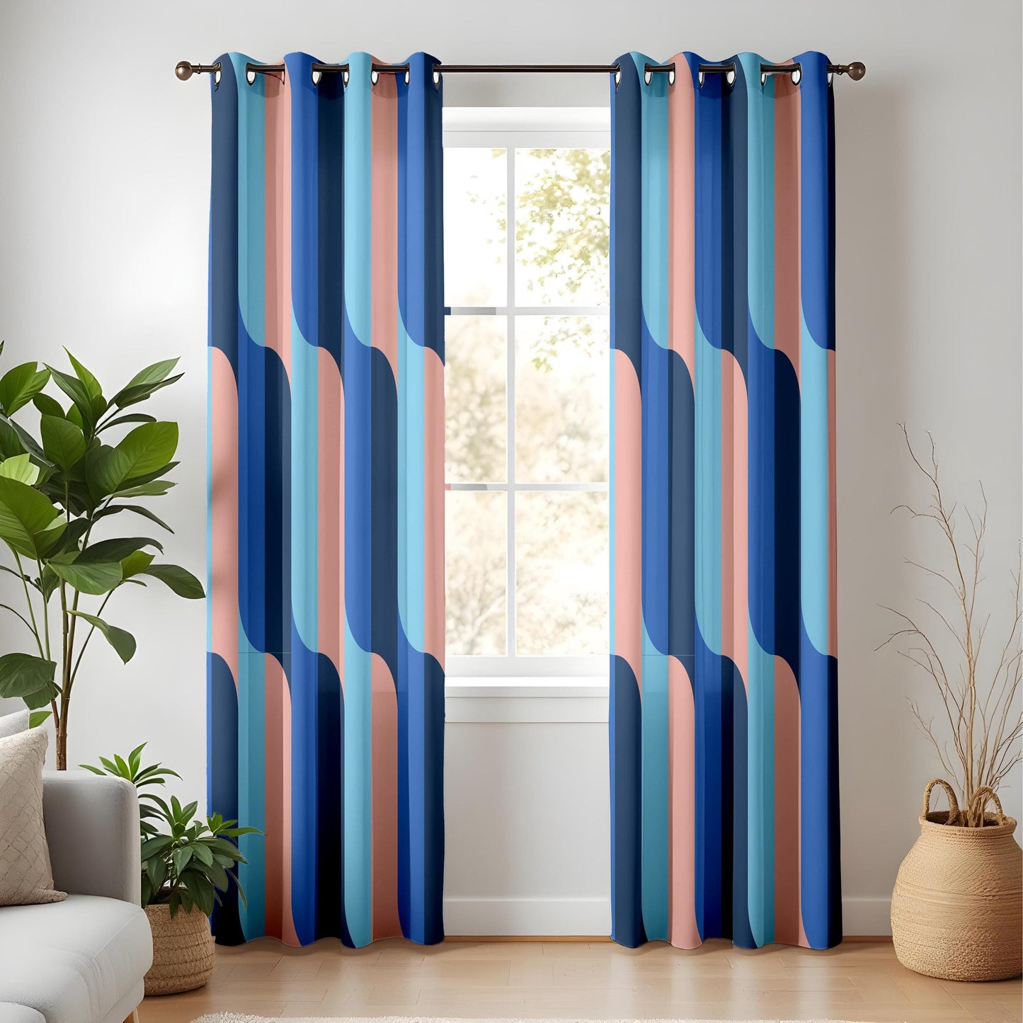 Onay Retro Wave Curtains Bold Blue and Pink Geometric Drapes for Eclectic Interiors
