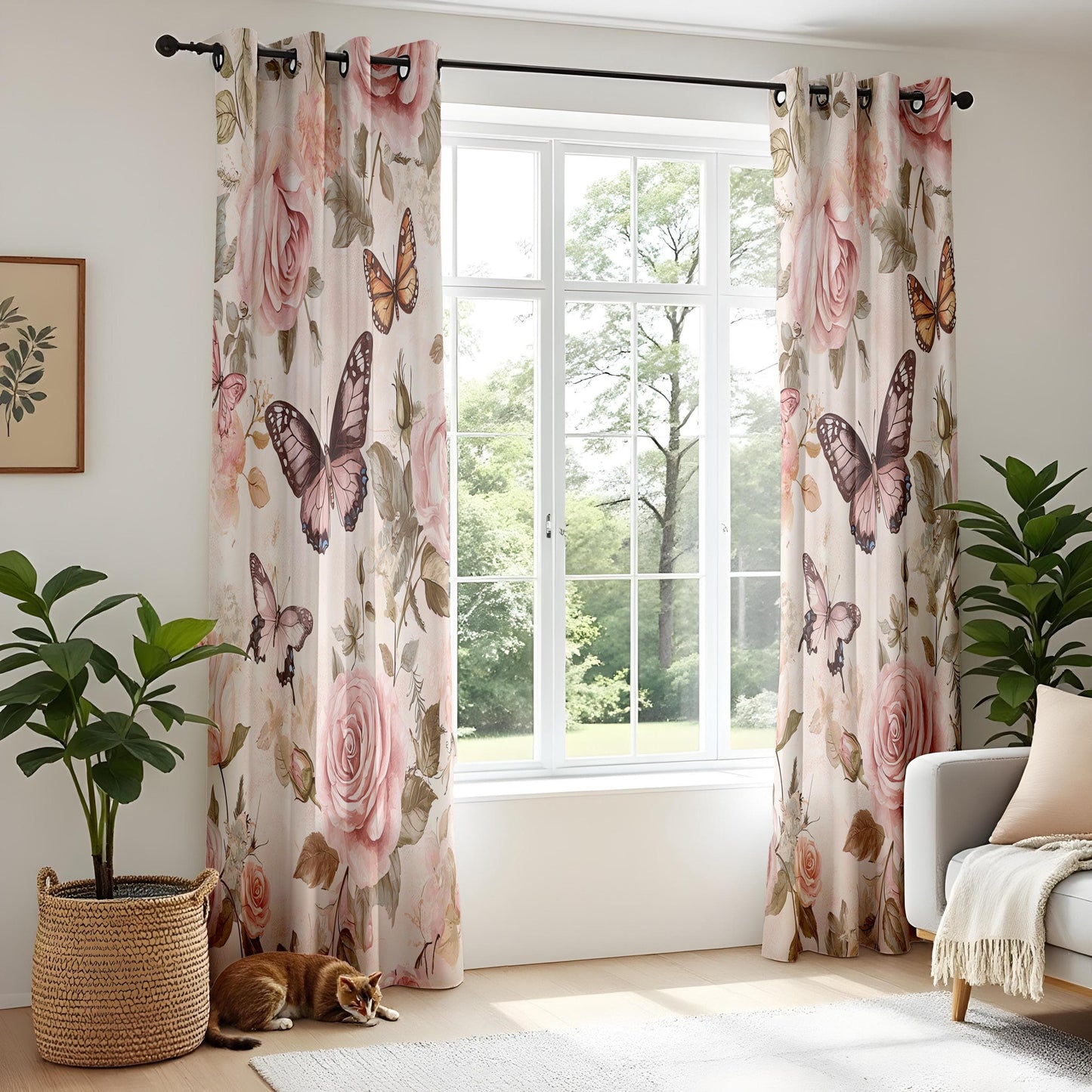 Onay Romantic Rose Butterfly Living Room Curtains, Vintage Floral Window Drapes
