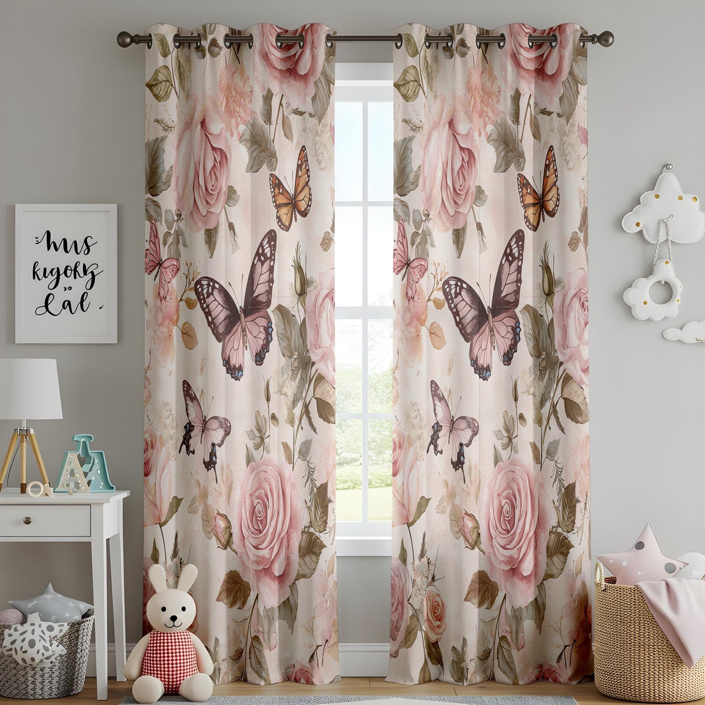 Onay Romantic Rose Butterfly Living Room Curtains, Vintage Floral Window Drapes