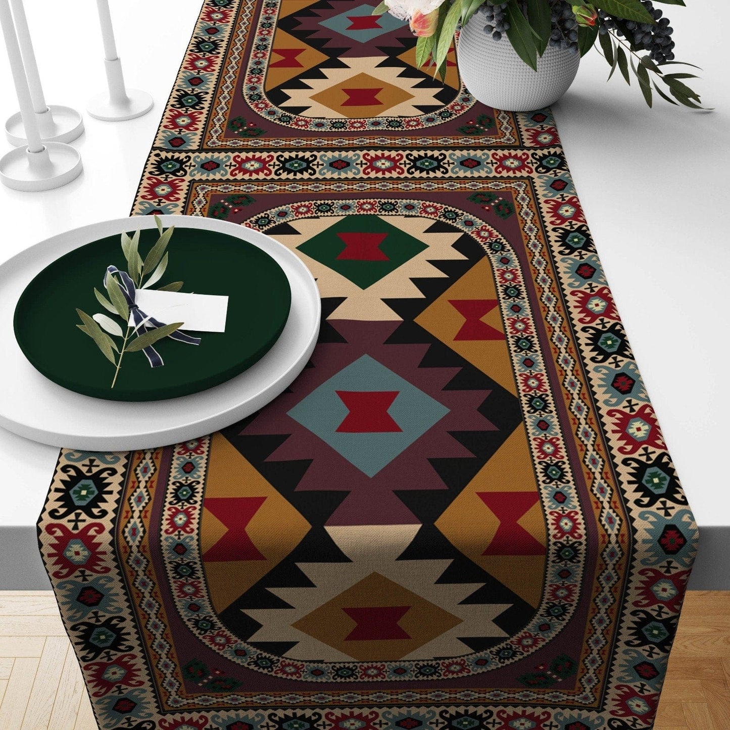 Onay 2 / 12 x 46 inch (30 x 120 cm) Rug Design Terracotta Geometric Pattern Table Runner