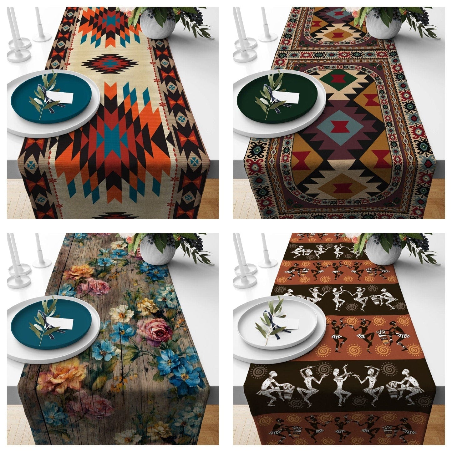 Onay Rug Design Terracotta Geometric Pattern Table Runner