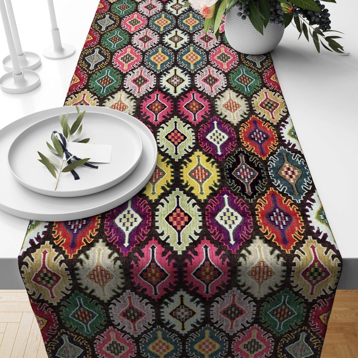 Onay 2 / 12 x 46 inch (30 x 120 cm) Rug Style Ethnic Turkish Kilim Printing Table Runner