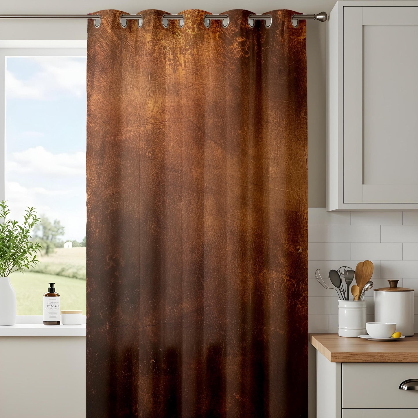 Onay Rustic Brown Distressed Curtains, Vintage Industrial Window Drapes