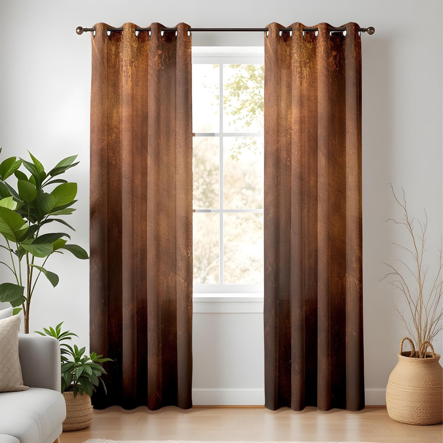 Onay Rustic Brown Distressed Curtains, Vintage Industrial Window Drapes