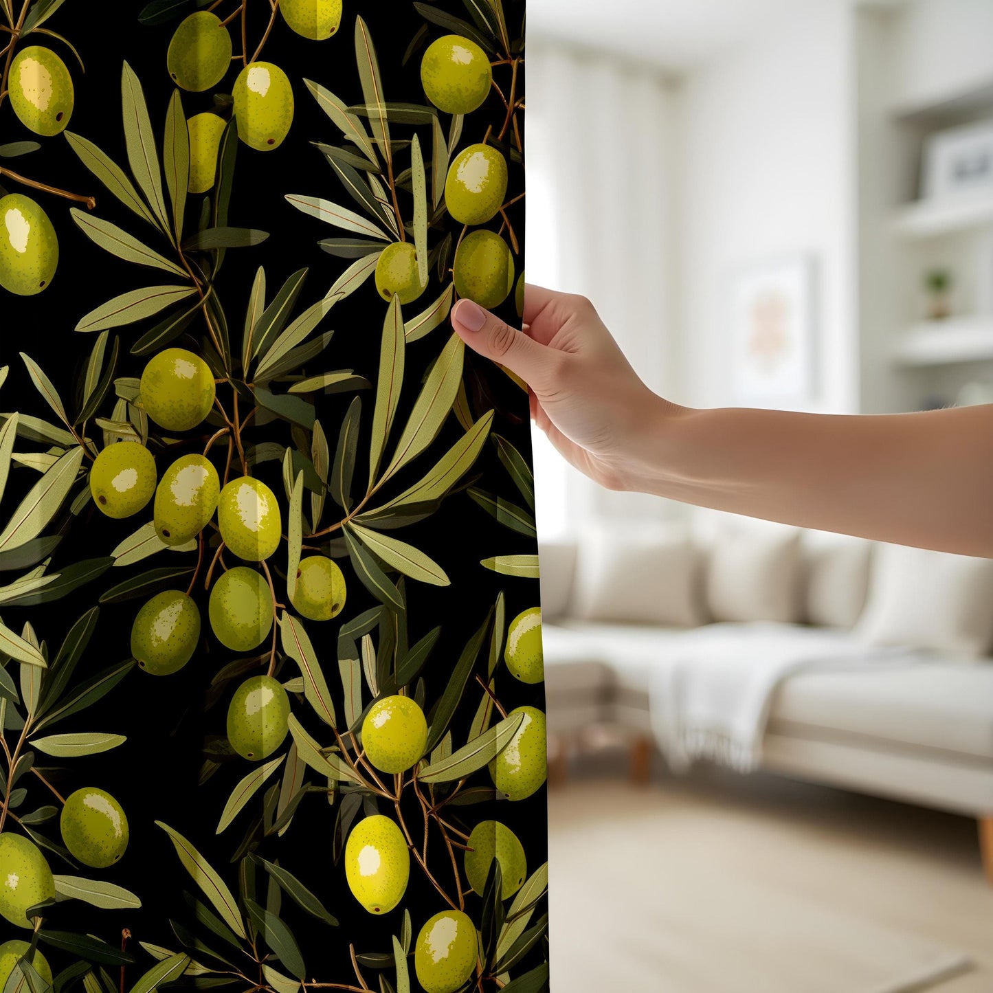 Onay Rustic Olive Branch Curtain, Mediterranean Farmhouse Drape
