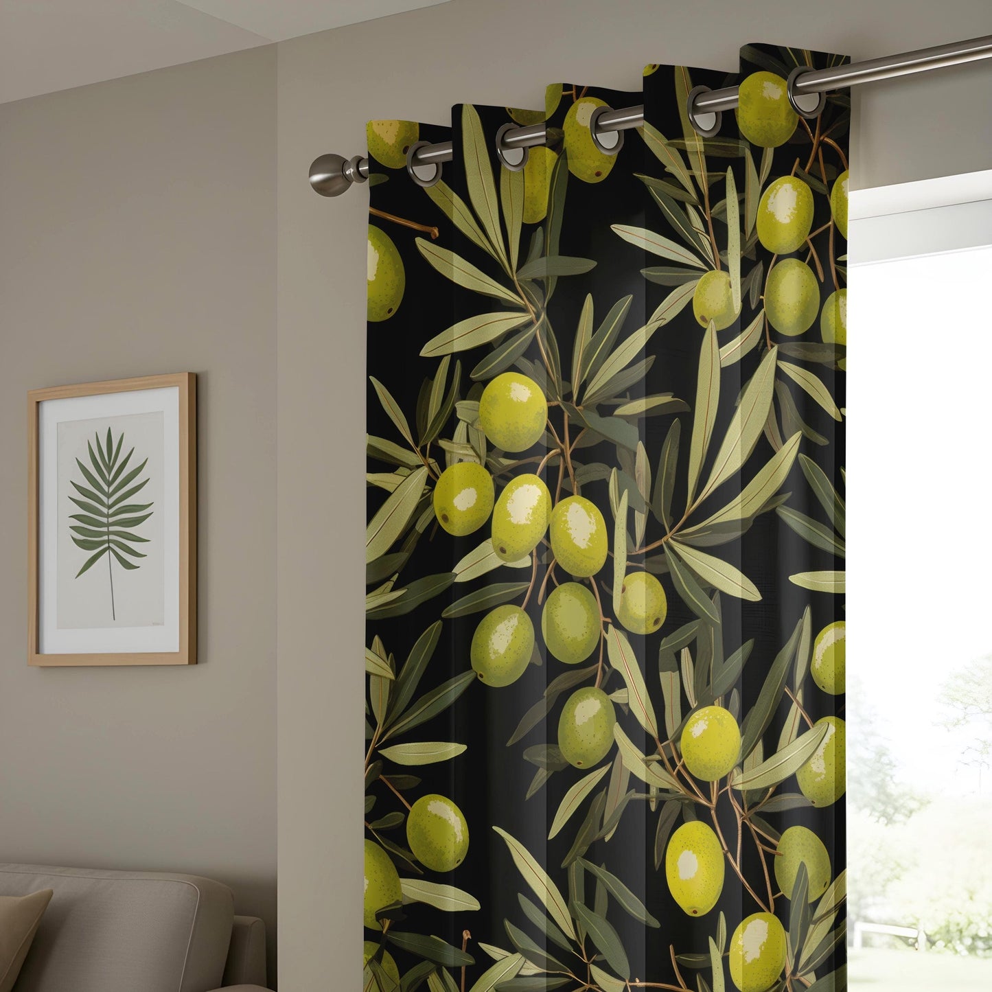 Onay Rustic Olive Branch Curtain, Mediterranean Farmhouse Drape