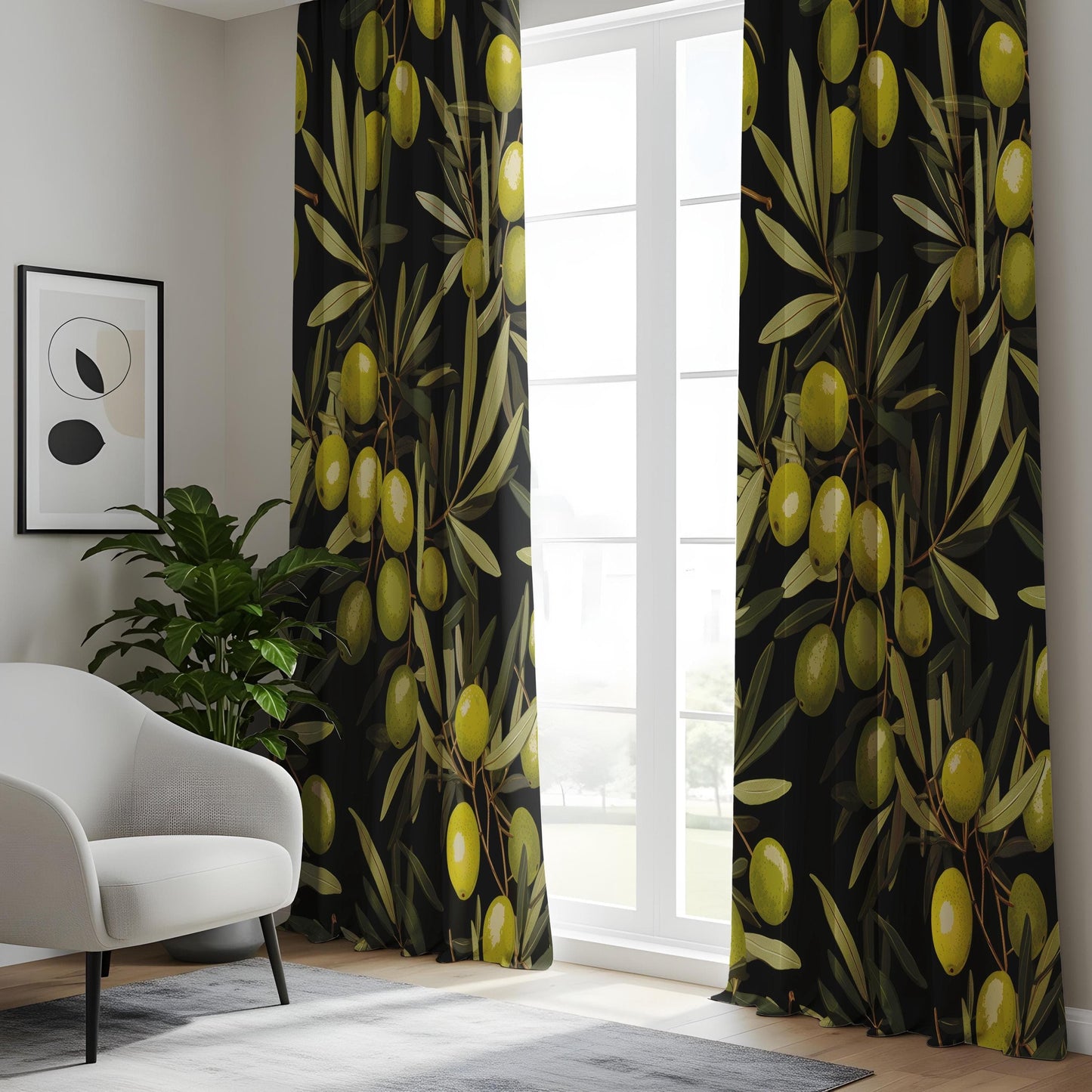 Onay Rustic Olive Branch Curtain, Mediterranean Farmhouse Drape
