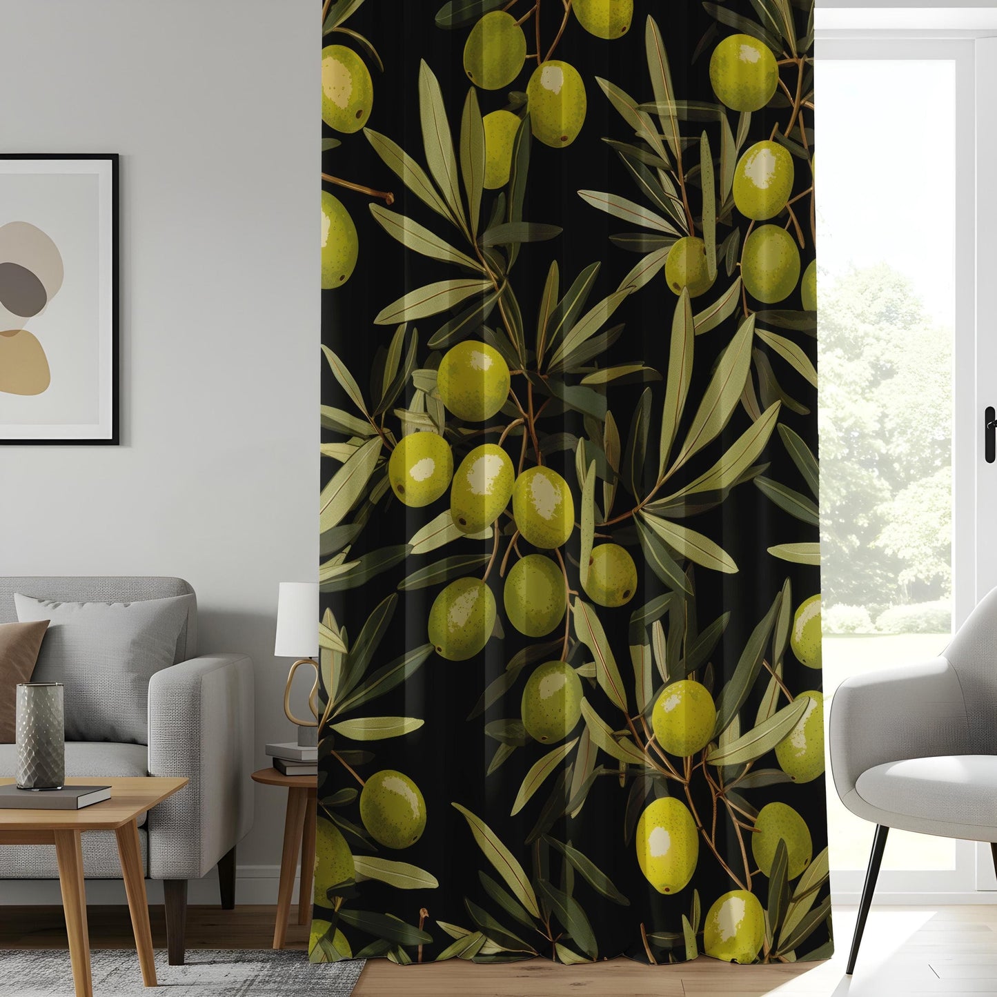 Onay Rustic Olive Branch Curtain, Mediterranean Farmhouse Drape