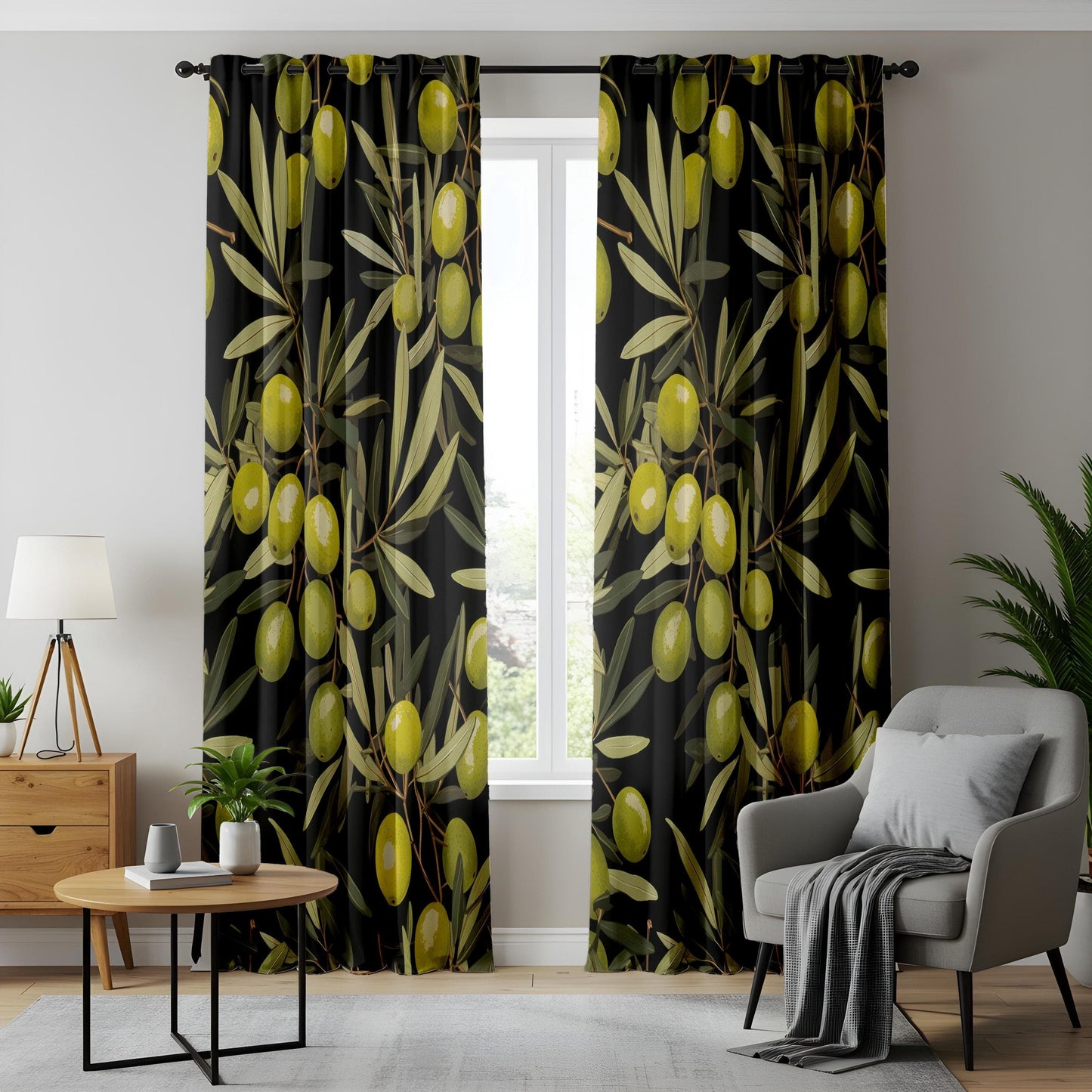 Onay Rustic Olive Branch Curtain, Mediterranean Farmhouse Drape