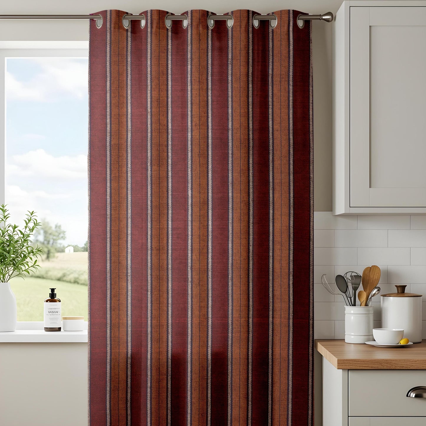 Onay Rustic Striped Curtains for Living Room, Earthy Red and Brown Toned Drapes