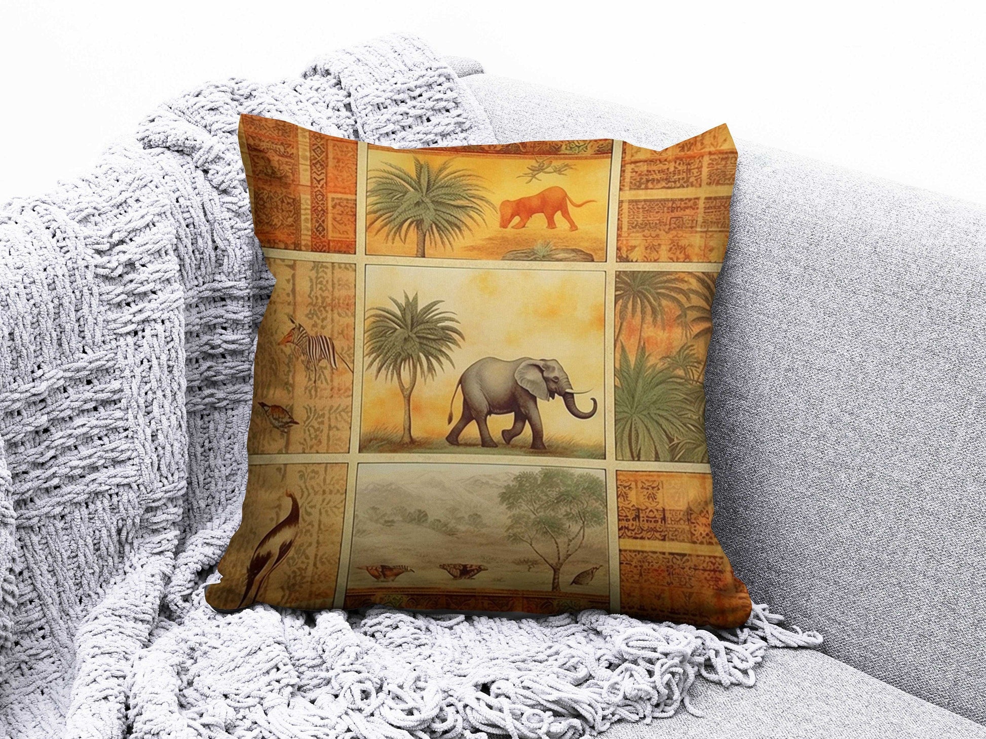 Onay 4 / 12 x 12 inch (30 x 30 cm) Safari Giraffe Family and Elephant Decor Cushion Cover